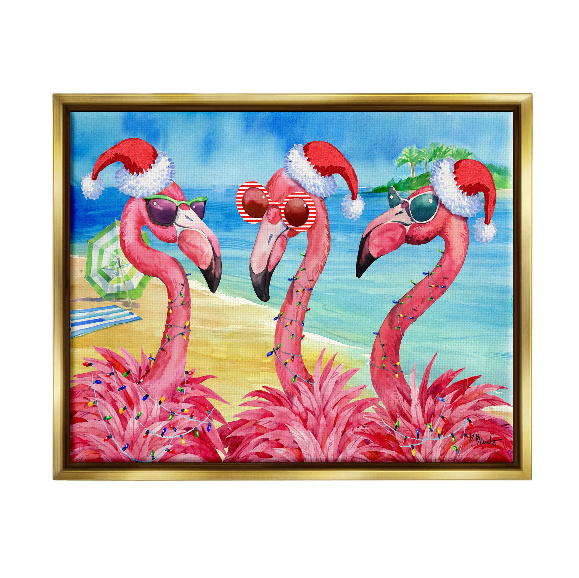Stupell Industries Holiday Lights Flamingos Beach Graphic Art Metallic Gold Floating Framed Canvas Print Wall Art, Design by Paul Brent