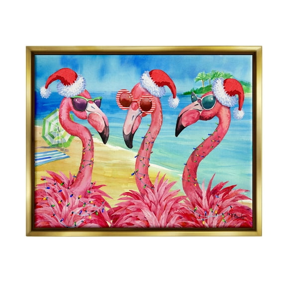 Stupell Industries Holiday Lights Flamingos Beach Graphic Art Metallic Gold Floating Framed Canvas Print Wall Art, Design by Paul Brent