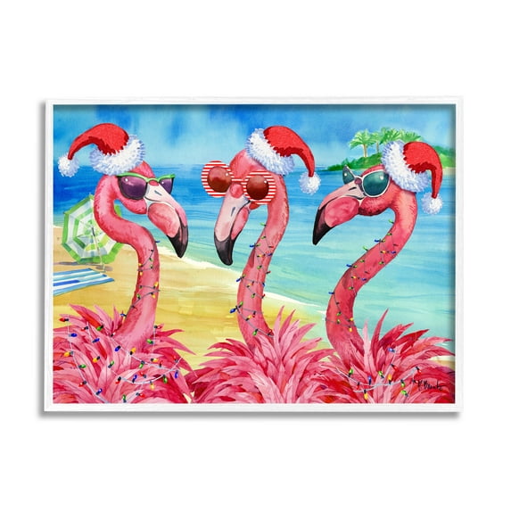 Stupell Industries Holiday Lights Flamingos Beach Graphic Art White Framed Art Print Wall Art, Design by Paul Brent