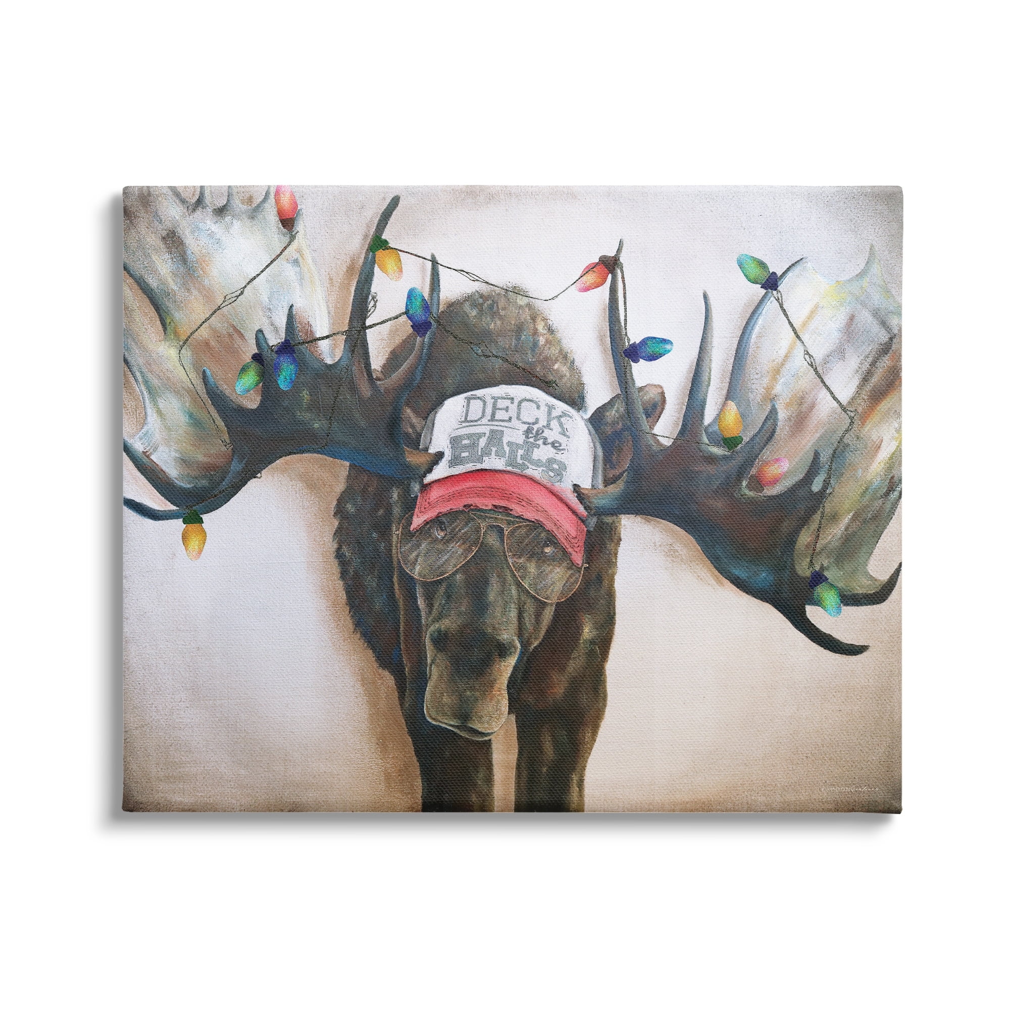 Stupell Industries Holiday Lights Moose Antlers Deck The Halls Hat Canvas Wall Art, 20 x 16, Design by Kamdon Kreations