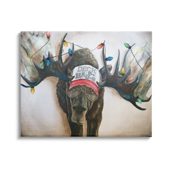 Stupell Industries Holiday Lights Moose Antlers Deck The Halls Hat Canvas Wall Art, 48 x 36, Design by Kamdon Kreations