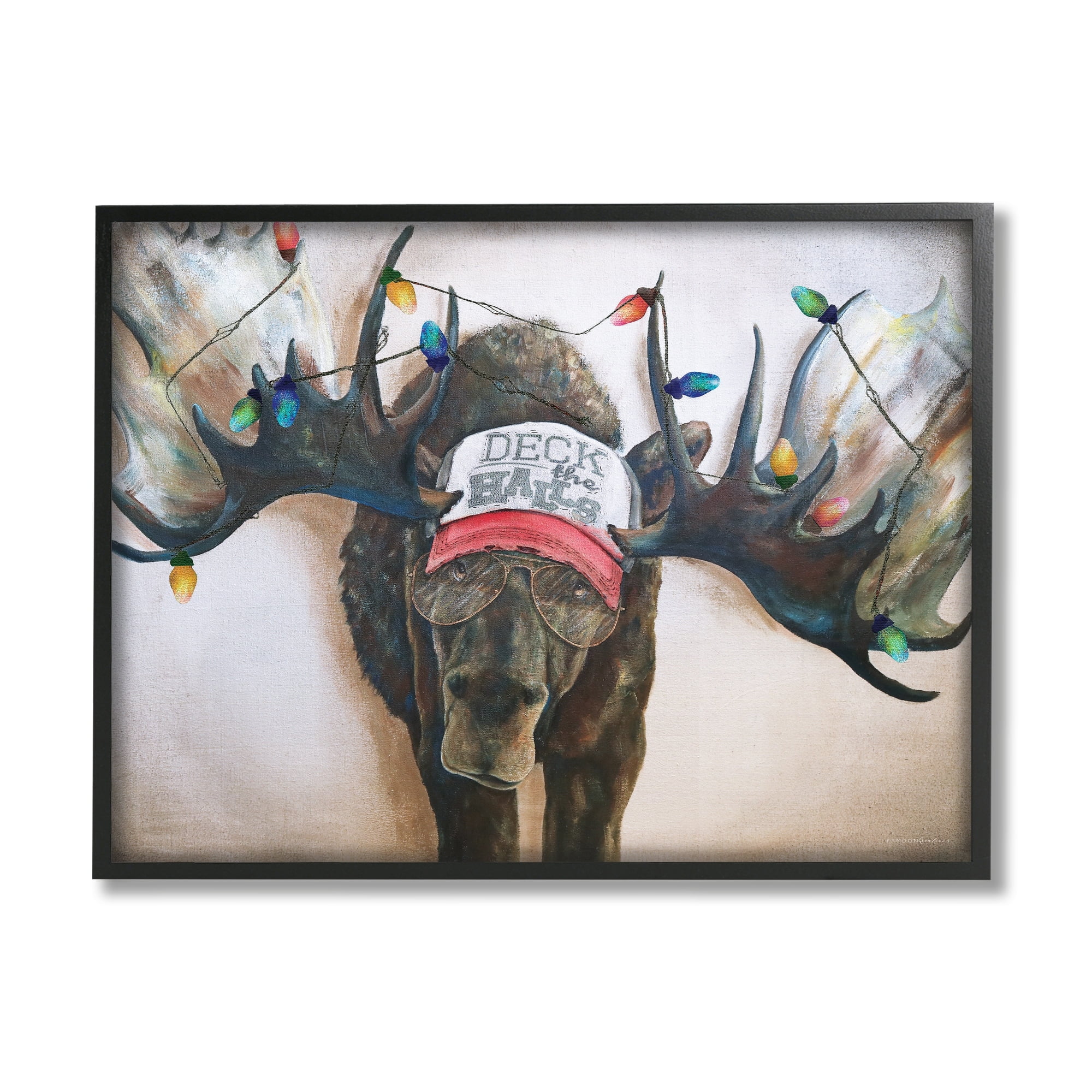Stupell Industries Holiday Lights Moose Antlers Deck The Halls Hat Framed Wall Art, 14 x 11, Design by Kamdon Kreations
