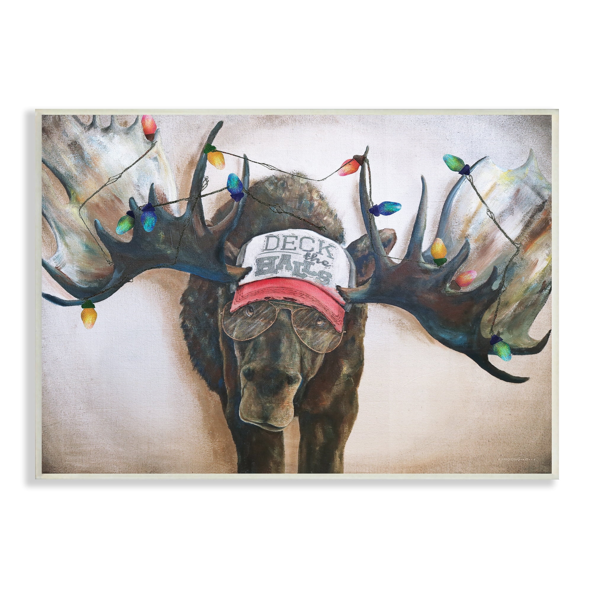 Stupell Industries Holiday Lights Moose Antlers Deck The Halls Hat Wood Wall Art, 19 x 13, Design by Kamdon Kreations