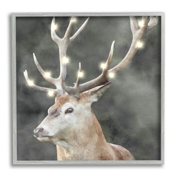 Stupell Industries Holiday Lights on Antlers Holiday Painting Gray Framed Art Print Wall Art, 17 x 17
