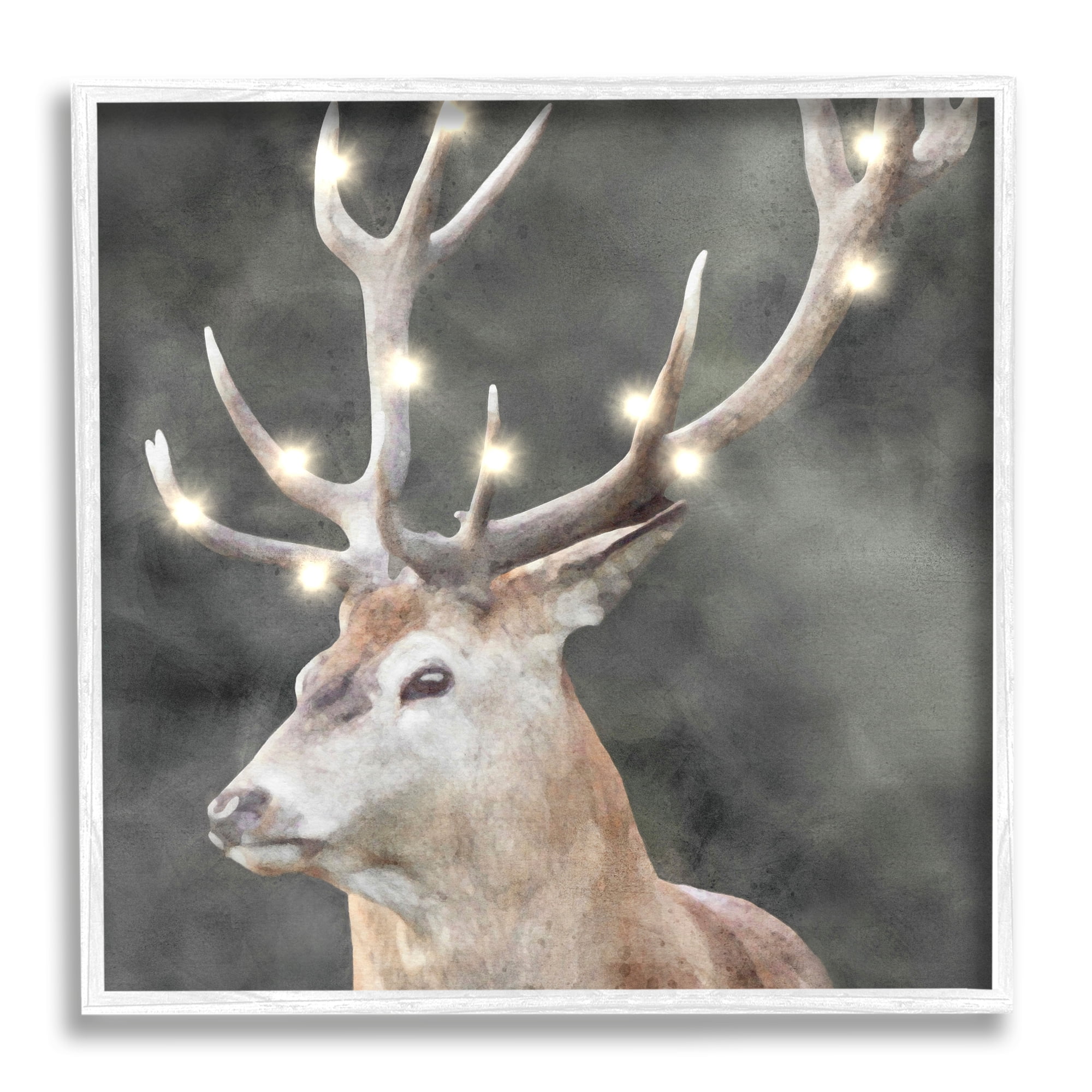 Stupell Industries Holiday Lights on Antlers Holiday Painting White Framed Art Print Wall Art, 12 x 12