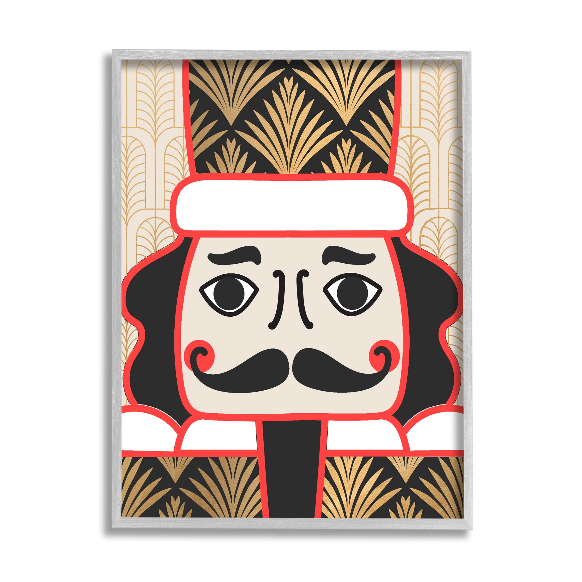 Stupell Industries Holiday Nutcracker Figurine Geometric Glamour Deco Pattern Holiday Painting Gray Framed Art Print Wall Art, 16 x 20