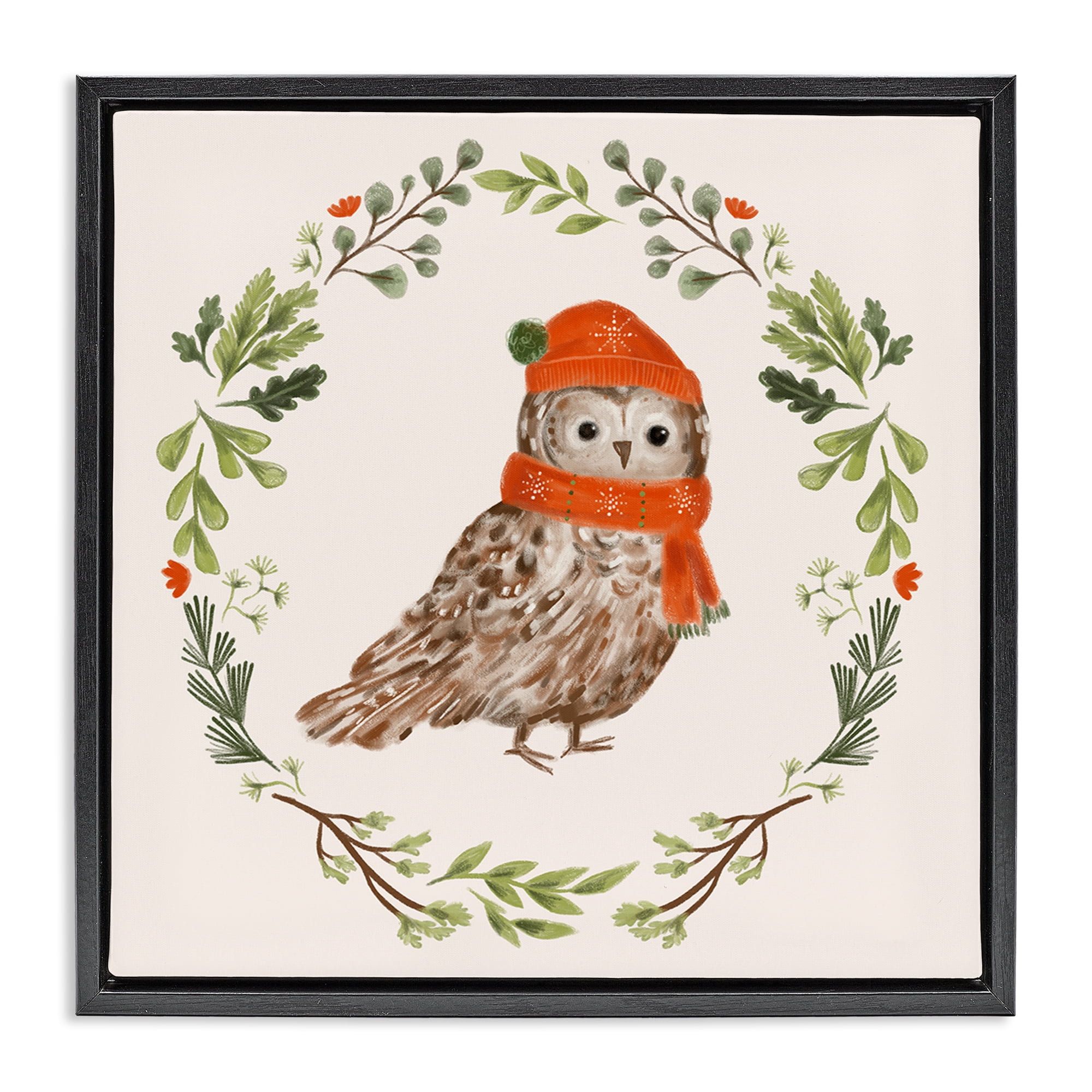 Stupell Industries Holiday Owl Wreaf Holiday Painting Black Floater Framed Canvas Art Prints Wall Art, 25 x 25