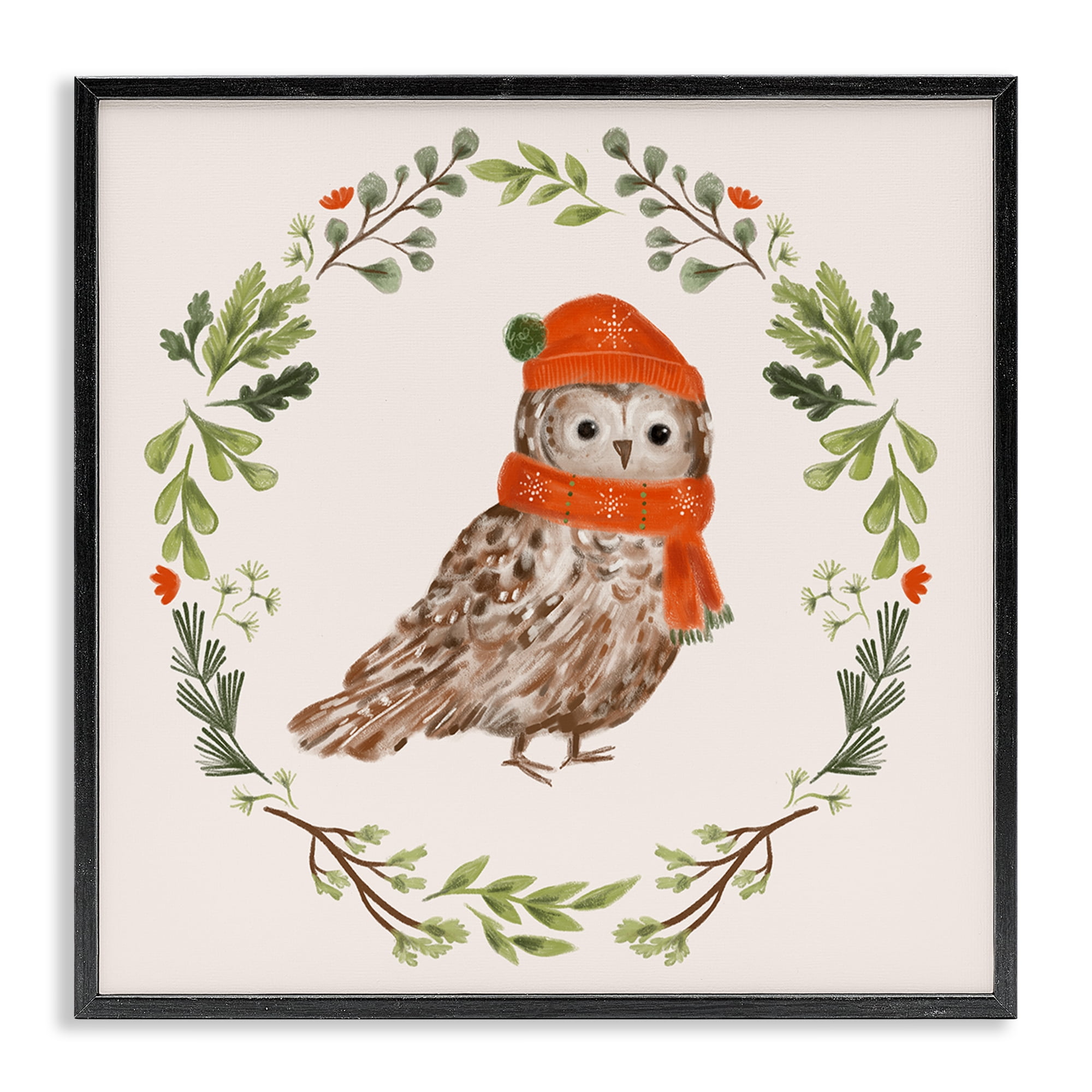 Stupell Industries Holiday Owl Wreaf Holiday Painting Black Framed Art Prints Wall Art, 12 x 12