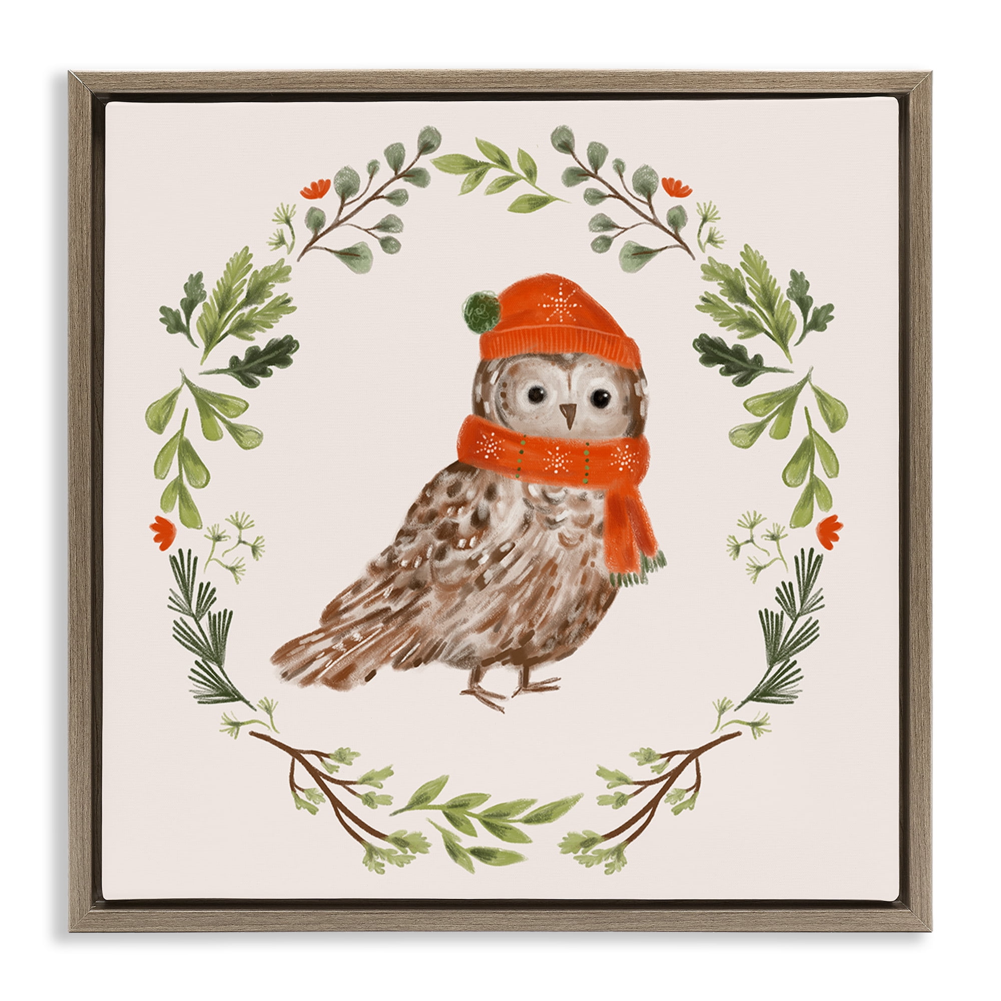 Stupell Industries Holiday Owl Wreaf Holiday Painting Brown Floater Framed Canvas Art Prints Wall Art, 18 x 18