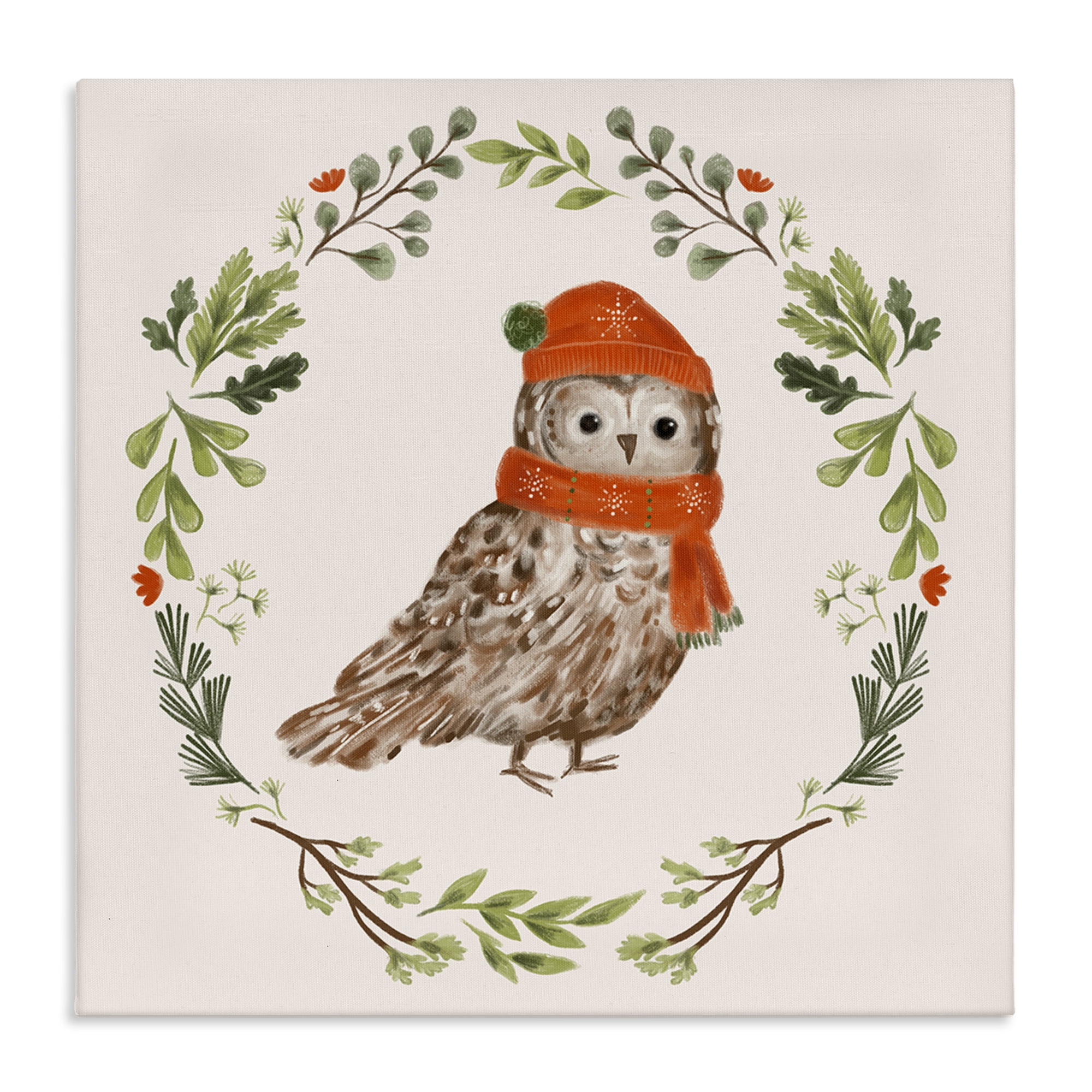 Stupell Industries Holiday Owl Wreaf Holiday Painting Gallery Wrapped Canvas Art Prints Wall Art, 17 x 17
