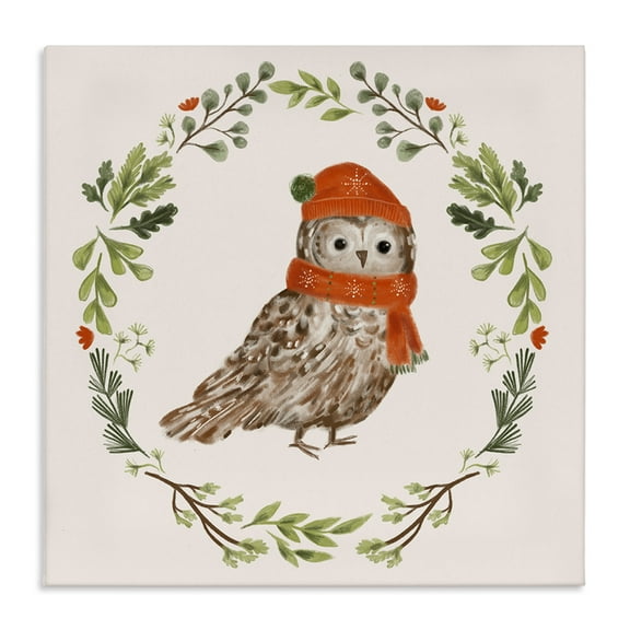 Stupell Industries Holiday Owl Wreaf Holiday Painting Gallery Wrapped Canvas Art Prints Wall Art, 17 x 17