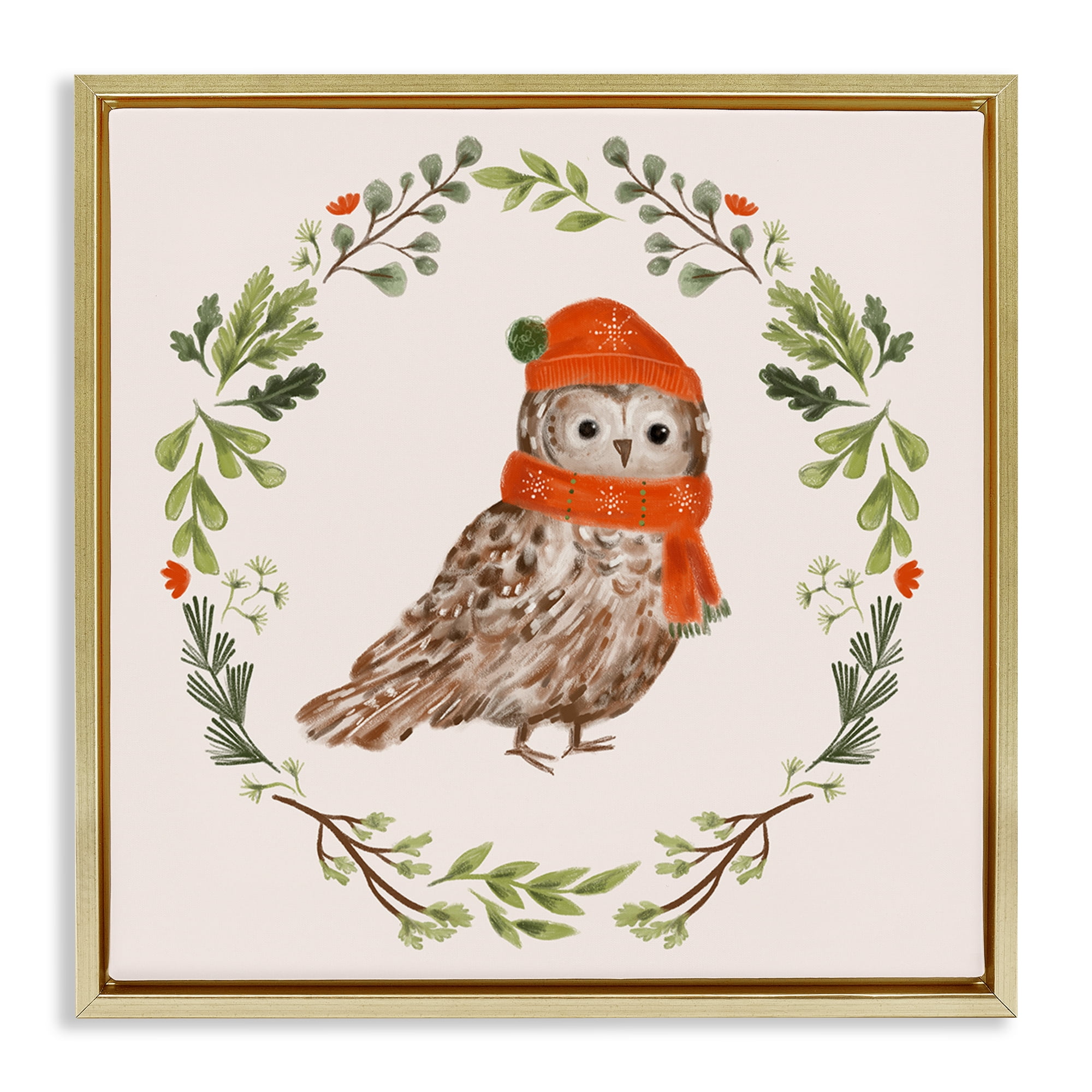 Stupell Industries Holiday Owl Wreaf Holiday Painting Gold Floater Framed Canvas Art Prints Wall Art, 25 x 25