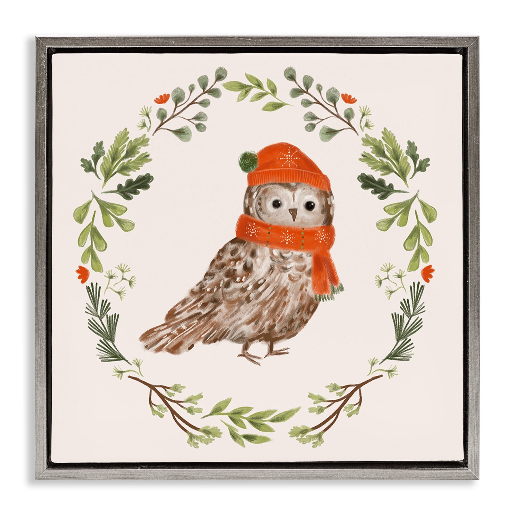 Stupell Industries Holiday Owl Wreaf Holiday Painting Gray Floater Framed Canvas Art Prints Wall Art, 25 x 25