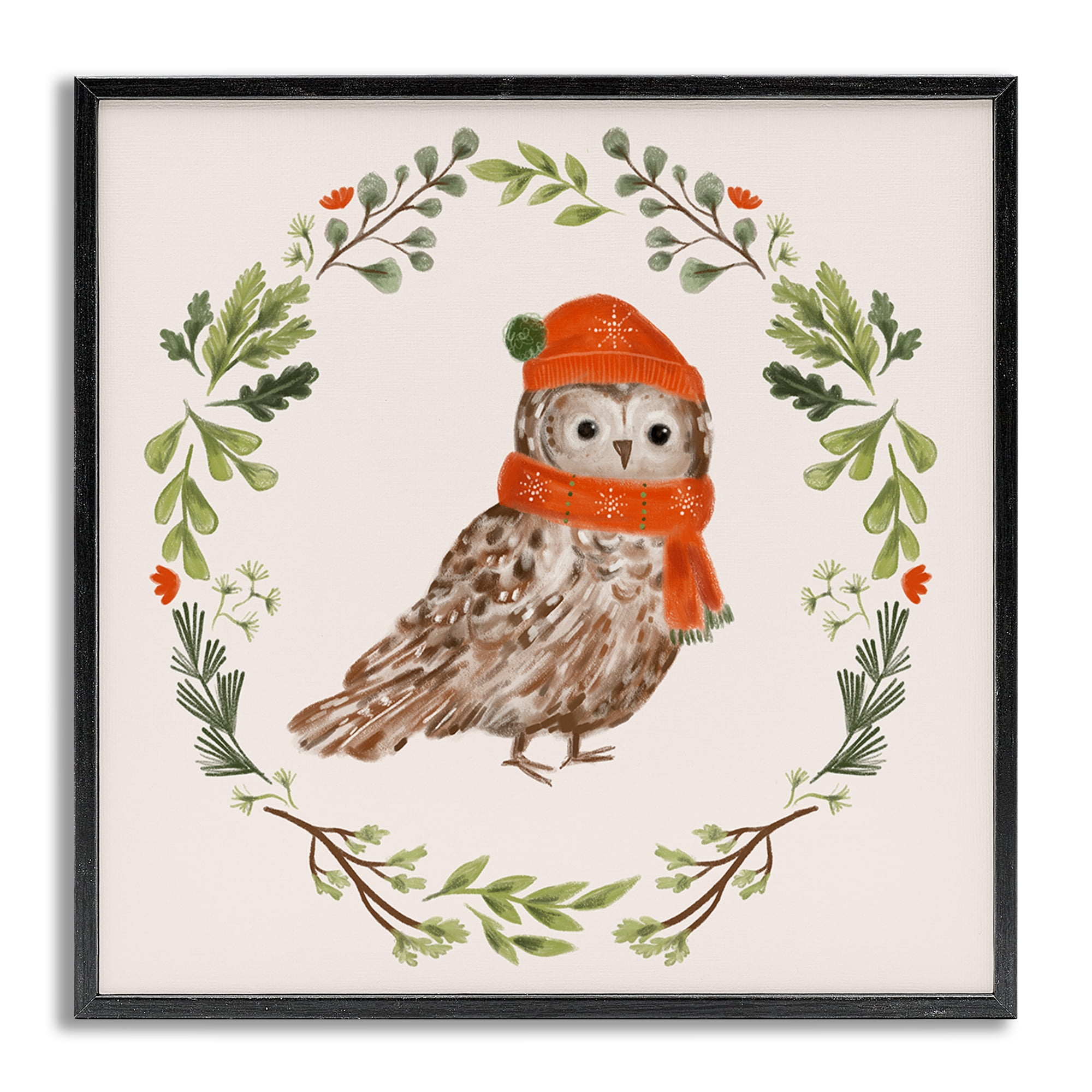 Stupell Industries Holiday Owl Wreaf Holiday Painting Gray Framed Art Prints Wall Art, 24 x 24