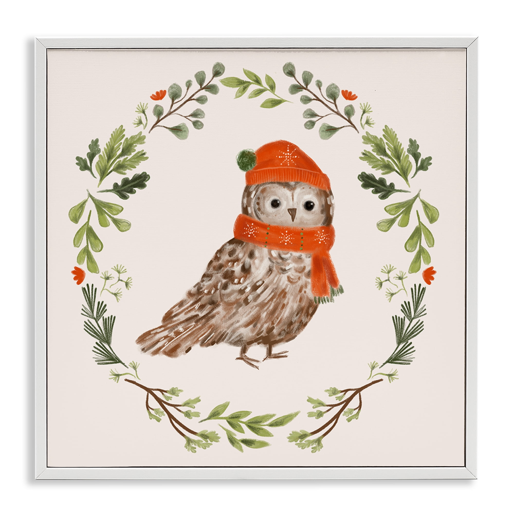 Stupell Industries Holiday Owl Wreaf Holiday Painting White Framed Art Prints Wall Art, 17 x 17