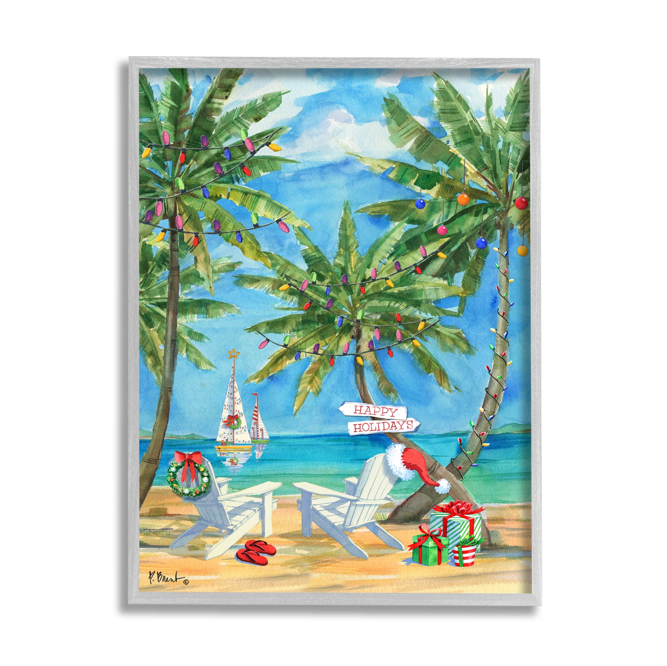 Stupell Industries Holiday Palms Warm Island Winter Painting Gray Framed Art Print Wall Art, Design by Paul Brent