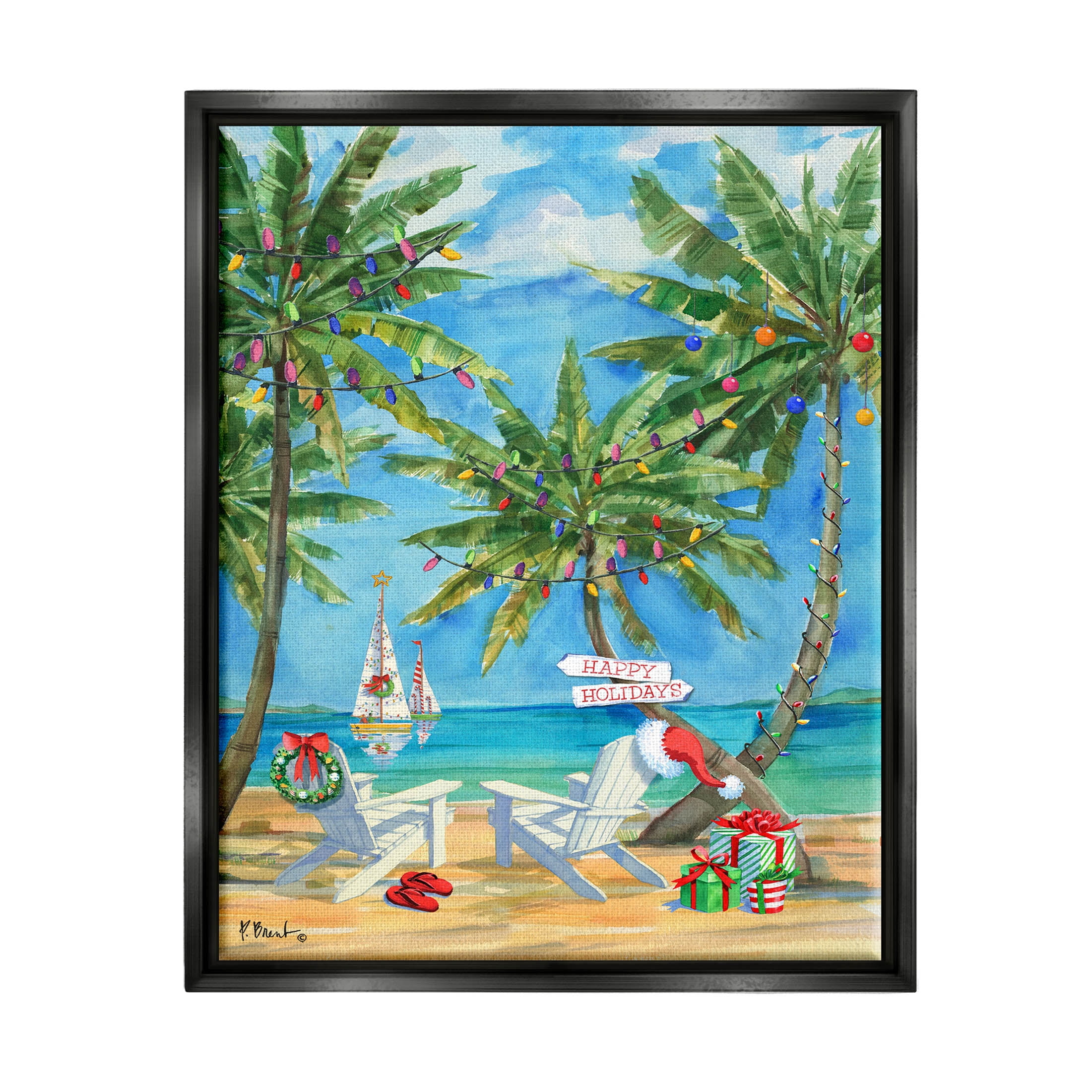 Stupell Industries Holiday Palms Warm Island Winter Painting Jet Black Floating Framed Canvas Print Wall Art, Design by Paul Brent