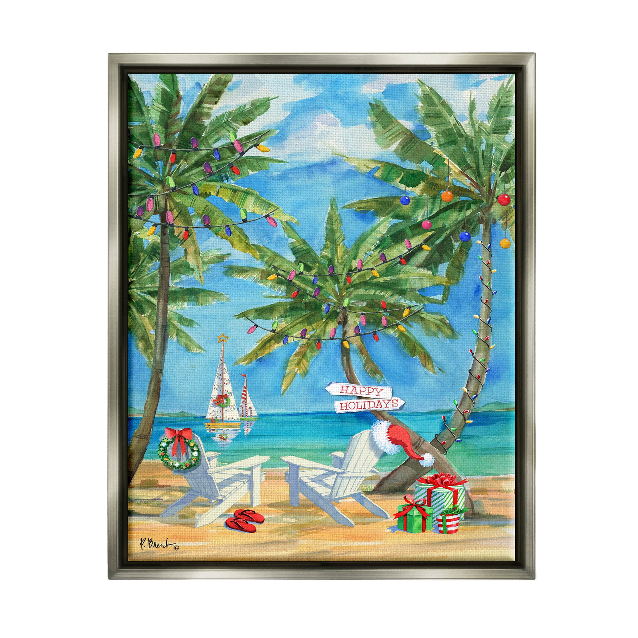 Stupell Industries Holiday Palms Warm Island Winter Painting Luster Gray Floating Framed Canvas Print Wall Art, Design by Paul Brent