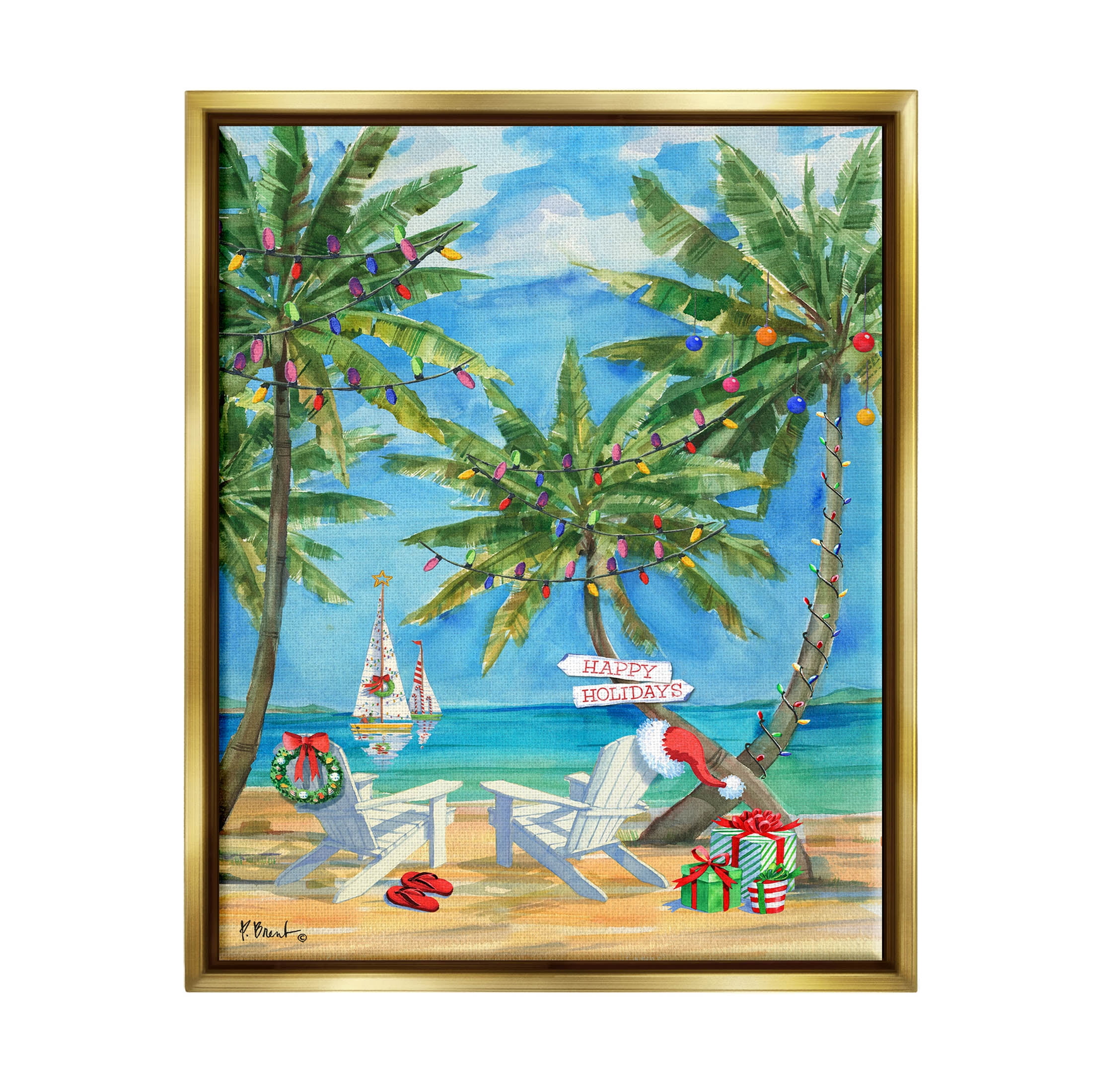 Stupell Industries Holiday Palms Warm Island Winter Painting Metallic Gold Floating Framed Canvas Print Wall Art, Design by Paul Brent