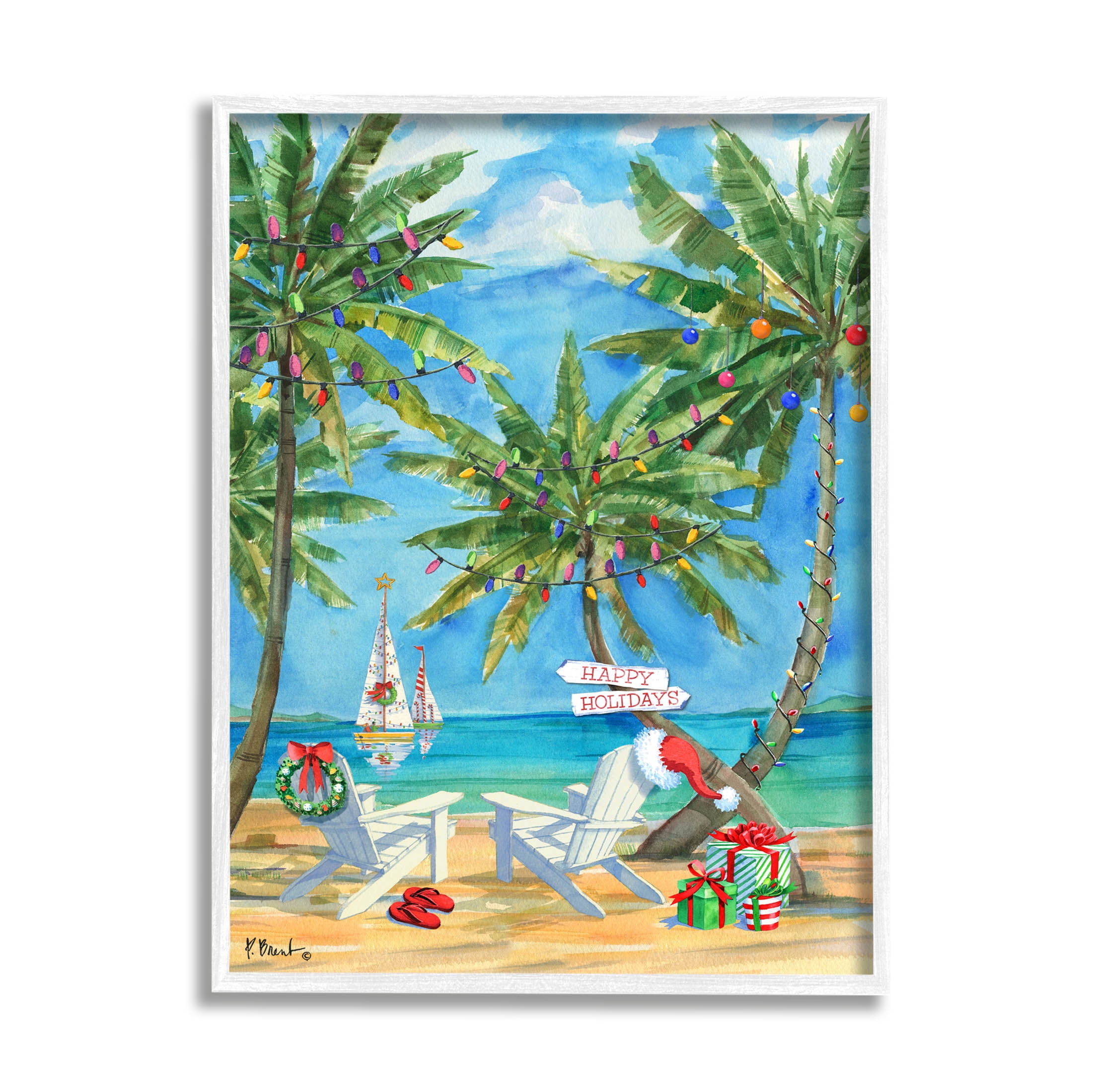 Stupell Industries Holiday Palms Warm Island Winter Painting White Framed Art Print Wall Art, Design by Paul Brent
