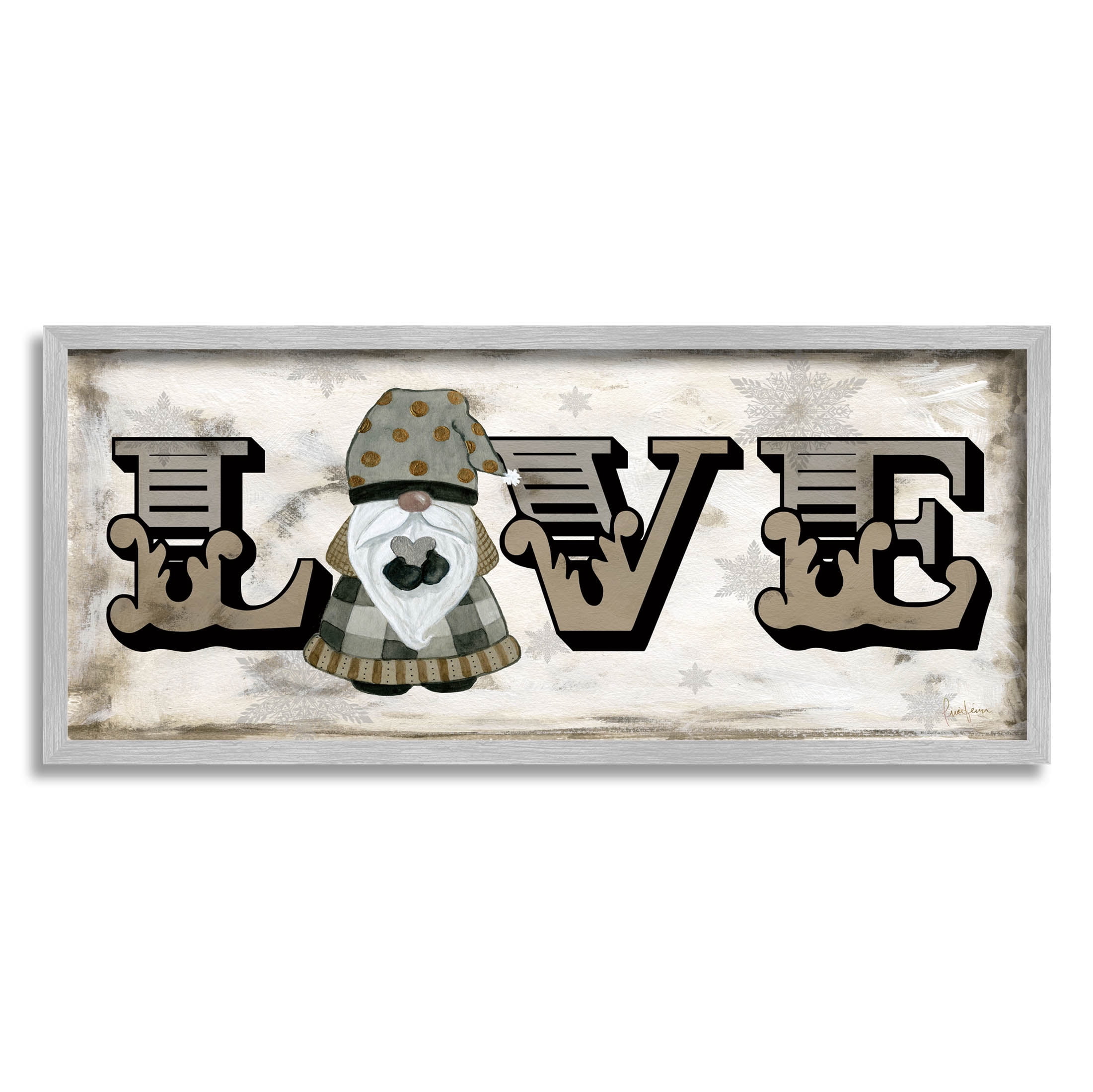 Stupell Industries Holiday Patterned Love Gnome Graphic Art Gray Framed Art Print Wall Art, Design by Livi Finn