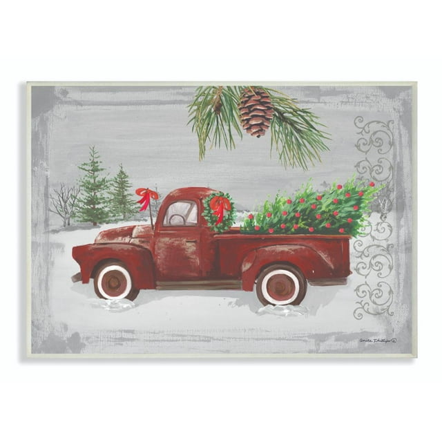 Stupell Industries Holiday Red Truck Christmas Tree Illustration Wood ...