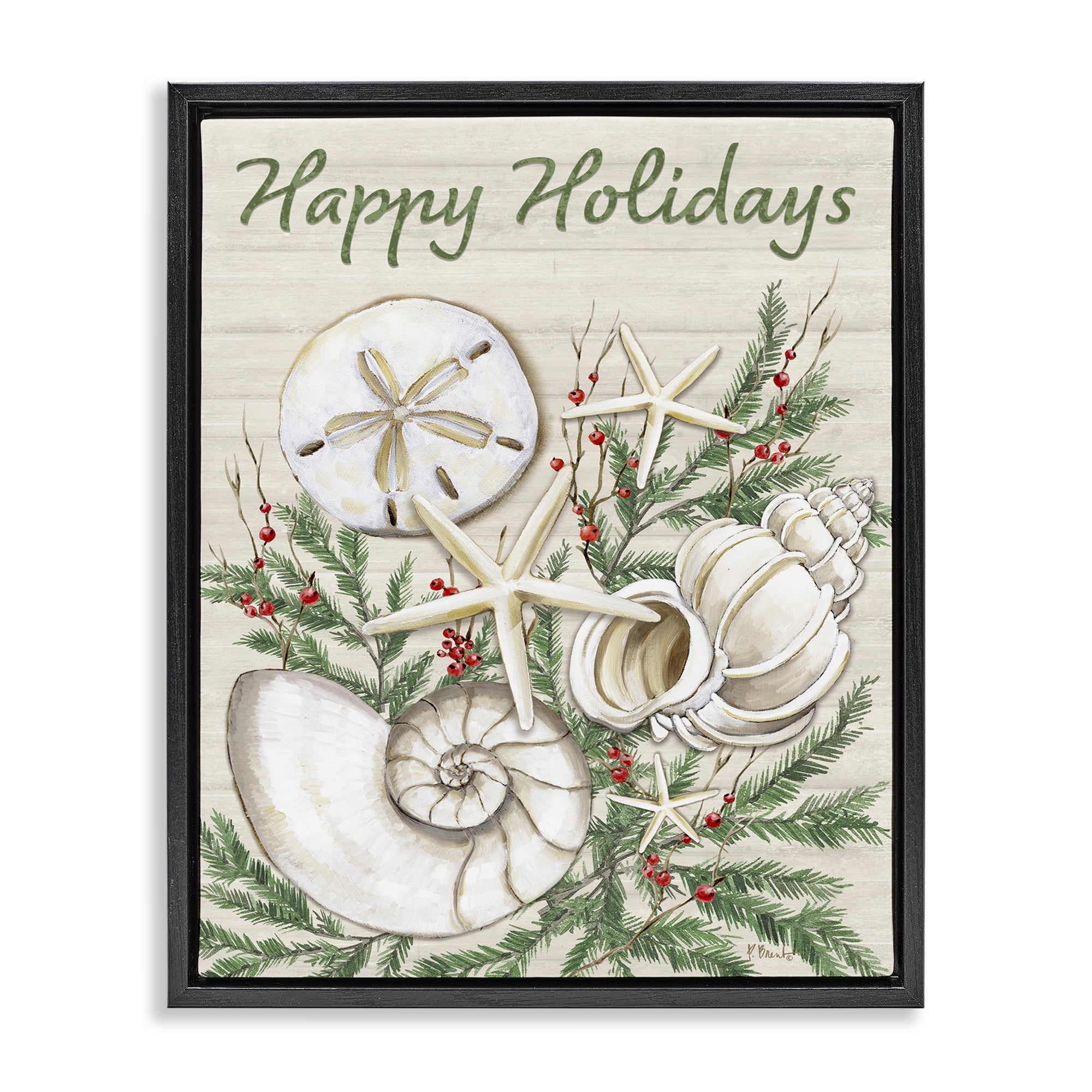 Stupell Industries Holiday Seashells & Holly Holiday Painting Black Floater Framed Canvas Art Print Wall Art, 25 x 31
