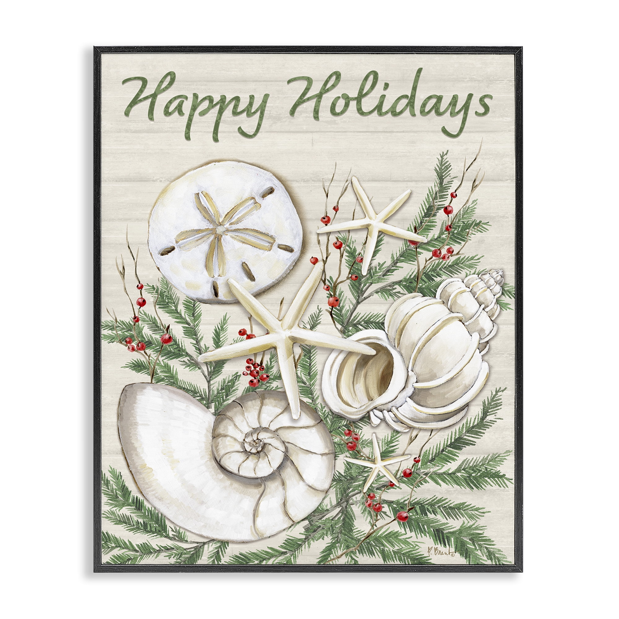 Stupell Industries Holiday Seashells & Holly Holiday Painting Black Framed Art Print Wall Art, 16 x 20