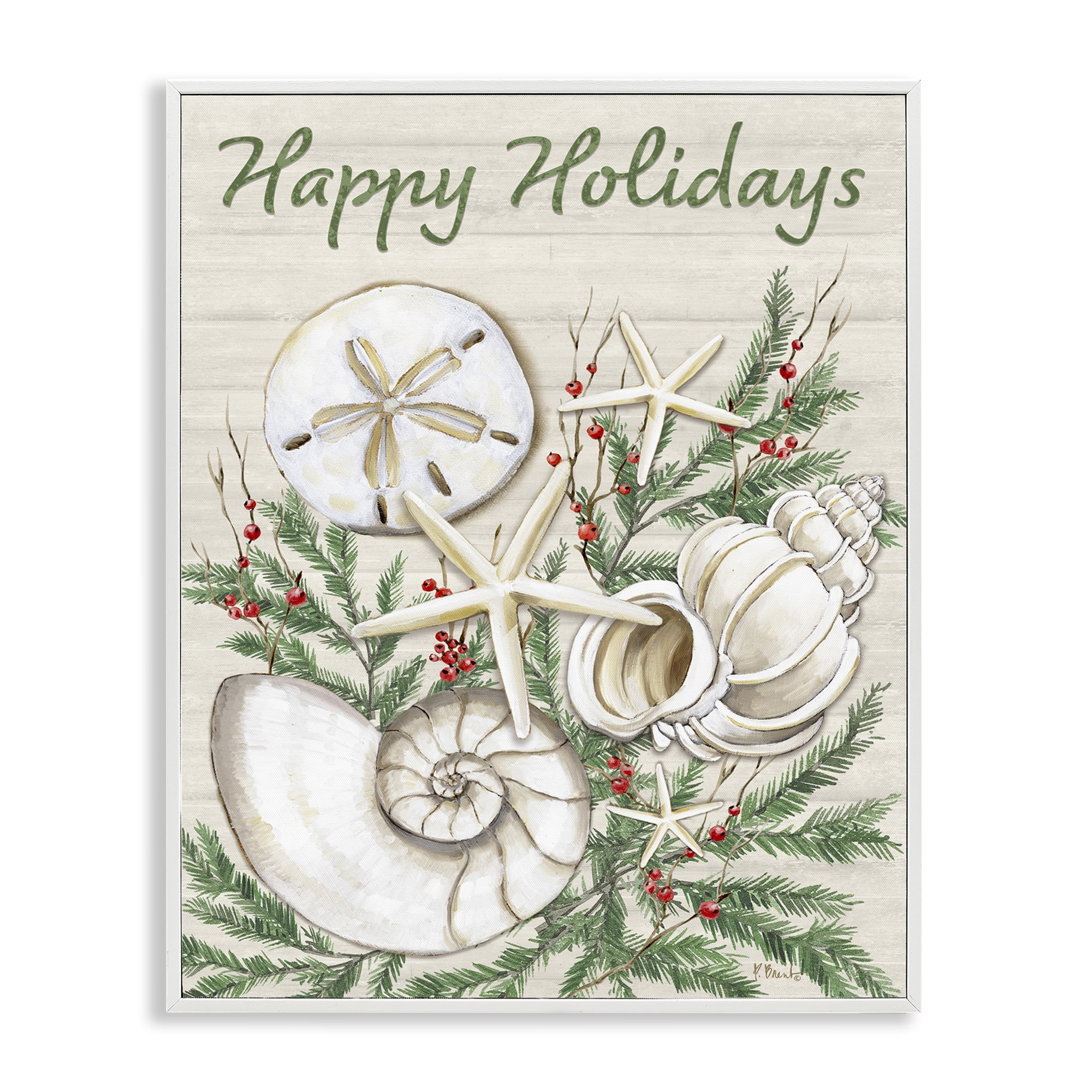 Stupell Industries Holiday Seashells & Holly Holiday Painting White Framed Art Print Wall Art, 11 x 14