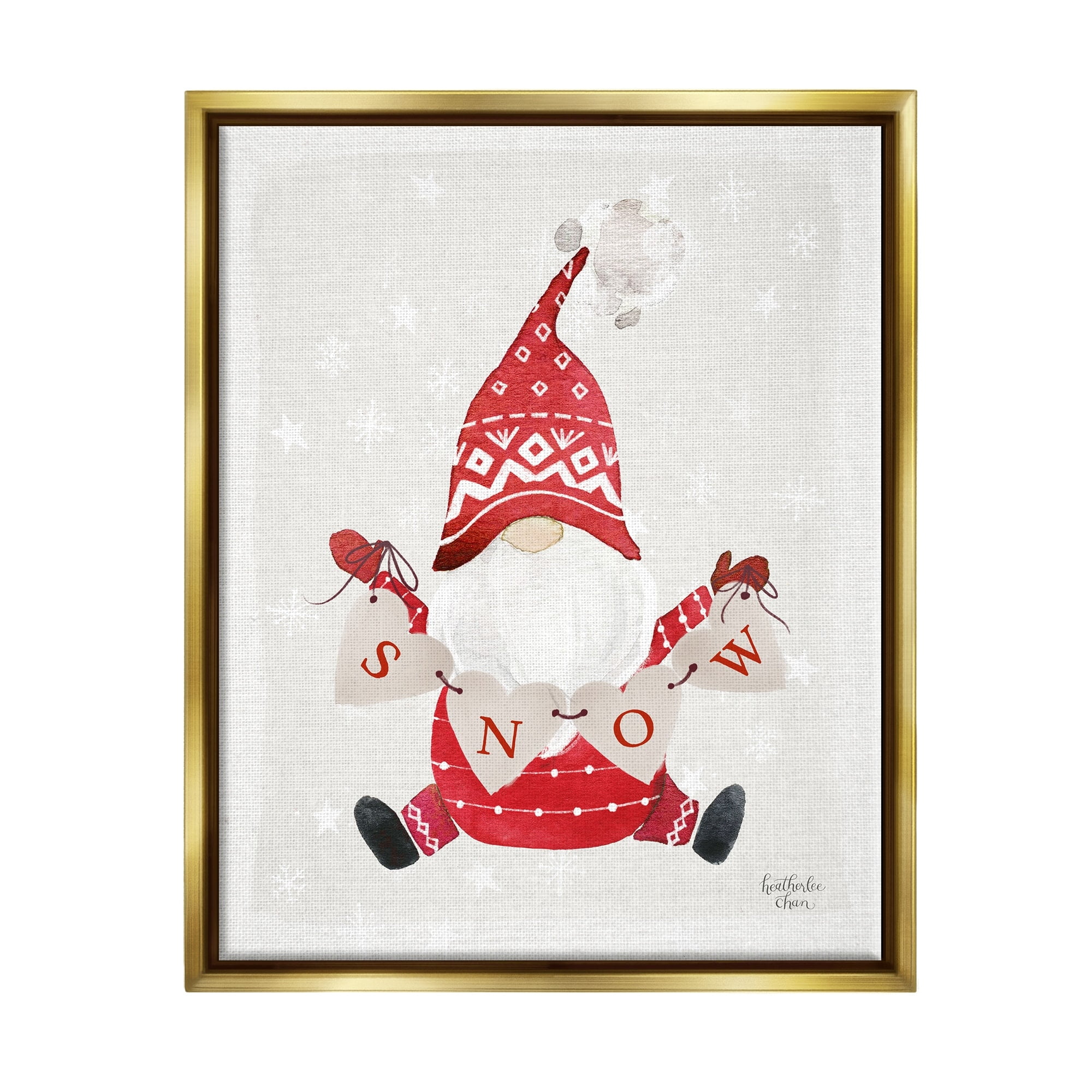 Stupell Industries Holiday Snow Banner Patterned Red Garden Gnome Graphic Art Metallic Gold Floating Framed Canvas Print Wall Art, Design by Heatherlee Chan