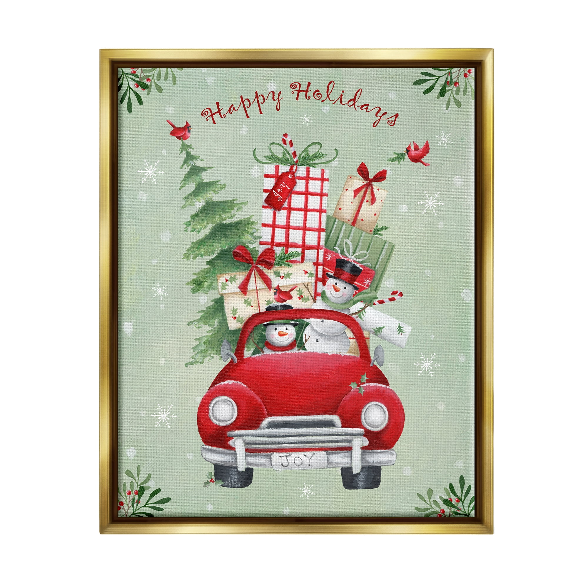 Stupell Industries Holiday Stacked Gift Car Holiday Painting Gold Floater Framed Canvas Art Print Wall Art, 17 x 21