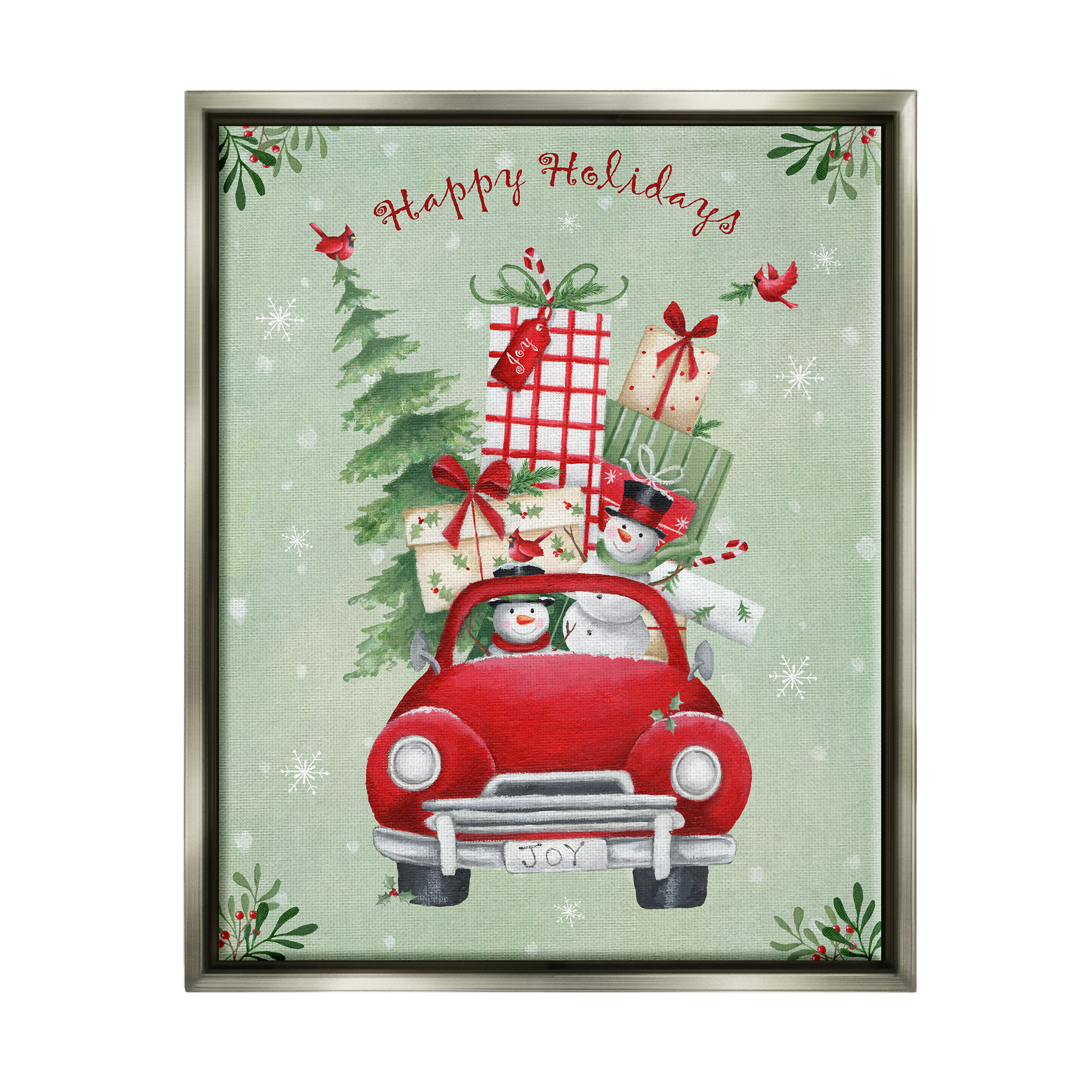 Stupell Industries Holiday Stacked Gift Car Holiday Painting Gray Floater Framed Canvas Art Print Wall Art, 17 x 21