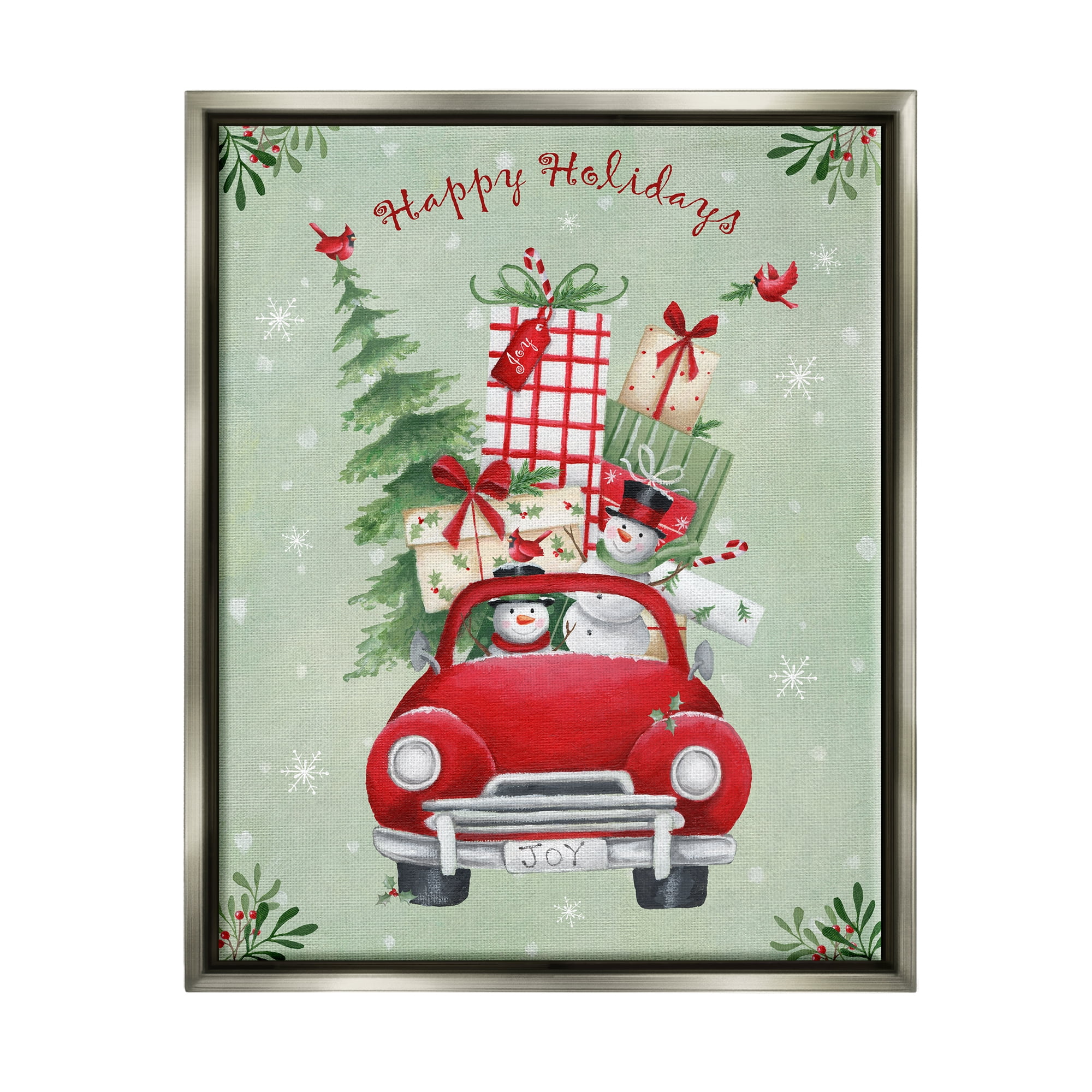 Stupell Industries Holiday Stacked Gift Car Holiday Painting Gray Floater Framed Canvas Art Print Wall Art, 25 x 31