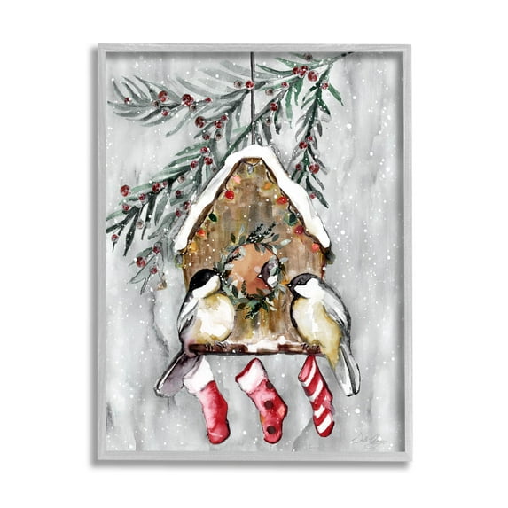 Stupell Industries Holiday Stockings Birdhouse Perched Graphic Art Gray Framed Art Print Wall Art, Design by Stella Chang