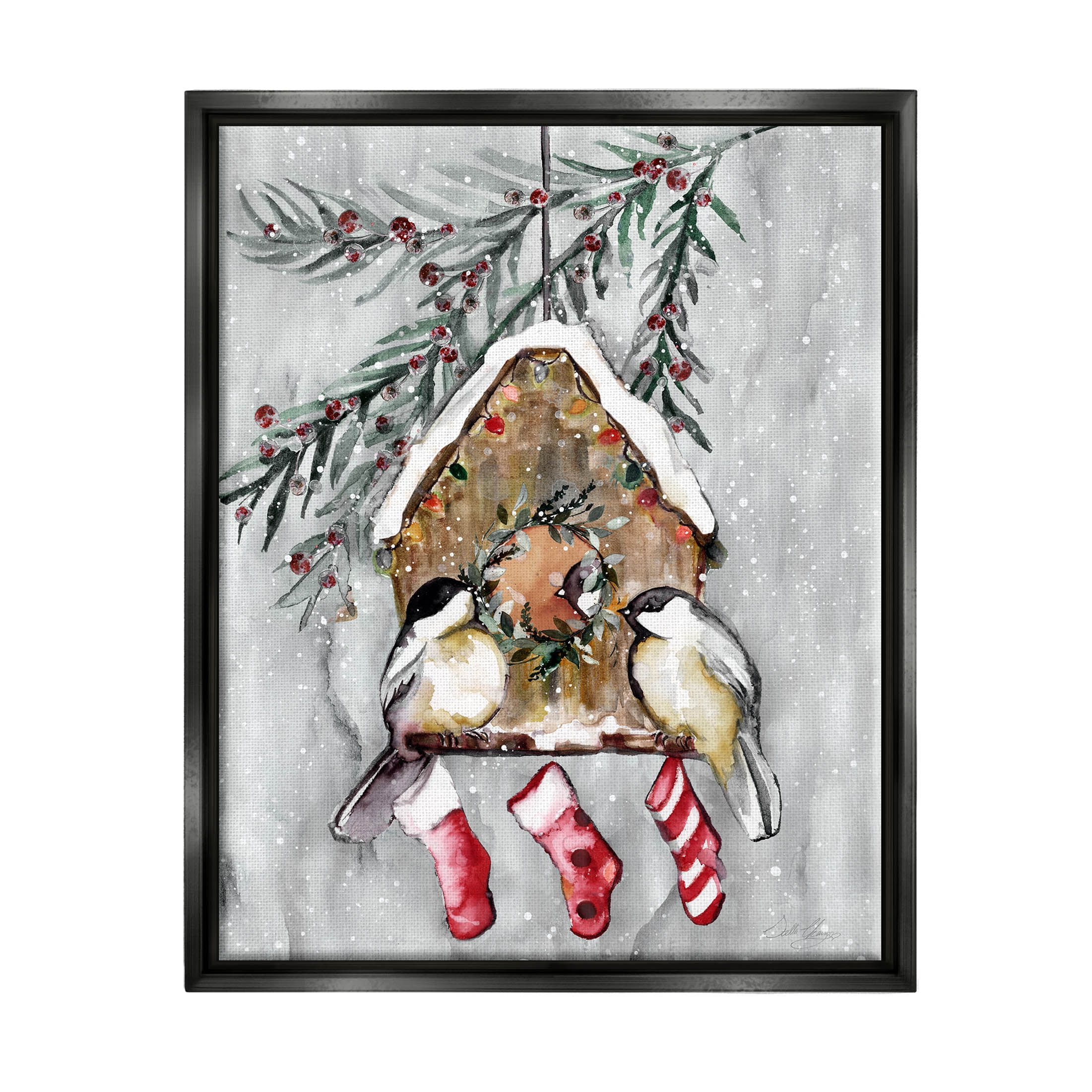 Stupell Industries Holiday Stockings Birdhouse Perched Graphic Art Jet Black Floating Framed Canvas Print Wall Art, Design by Stella Chang