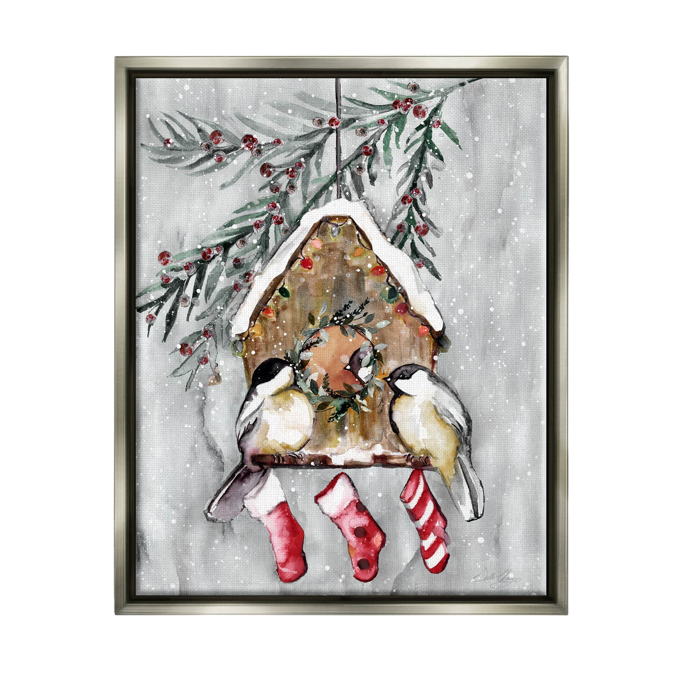 Stupell Industries Holiday Stockings Birdhouse Perched Graphic Art Luster Gray Floating Framed Canvas Print Wall Art, Design by Stella Chang