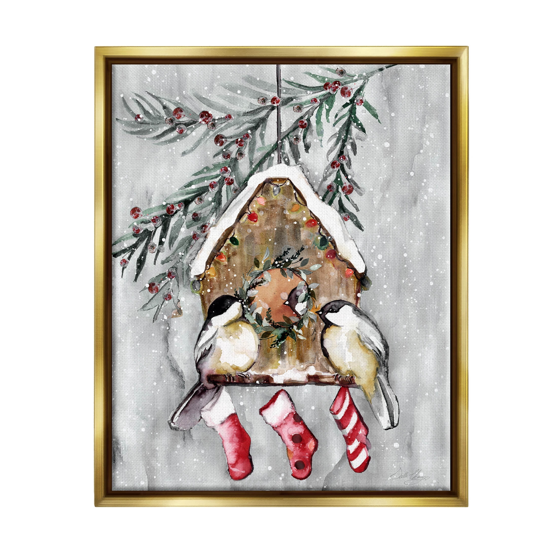 Stupell Industries Holiday Stockings Birdhouse Perched Graphic Art Metallic Gold Floating Framed Canvas Print Wall Art, Design by Stella Chang
