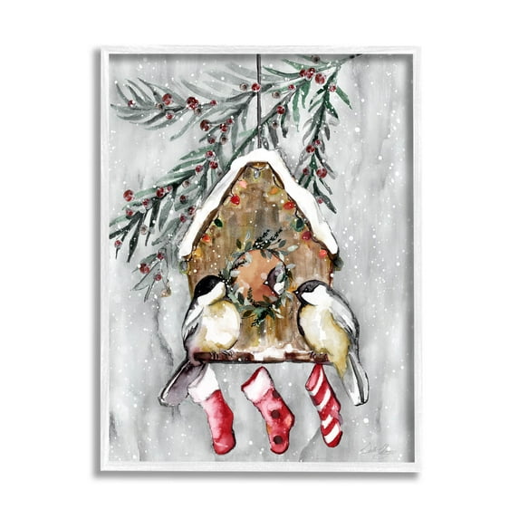 Stupell Industries Holiday Stockings Birdhouse Perched Graphic Art White Framed Art Print Wall Art, Design by Stella Chang