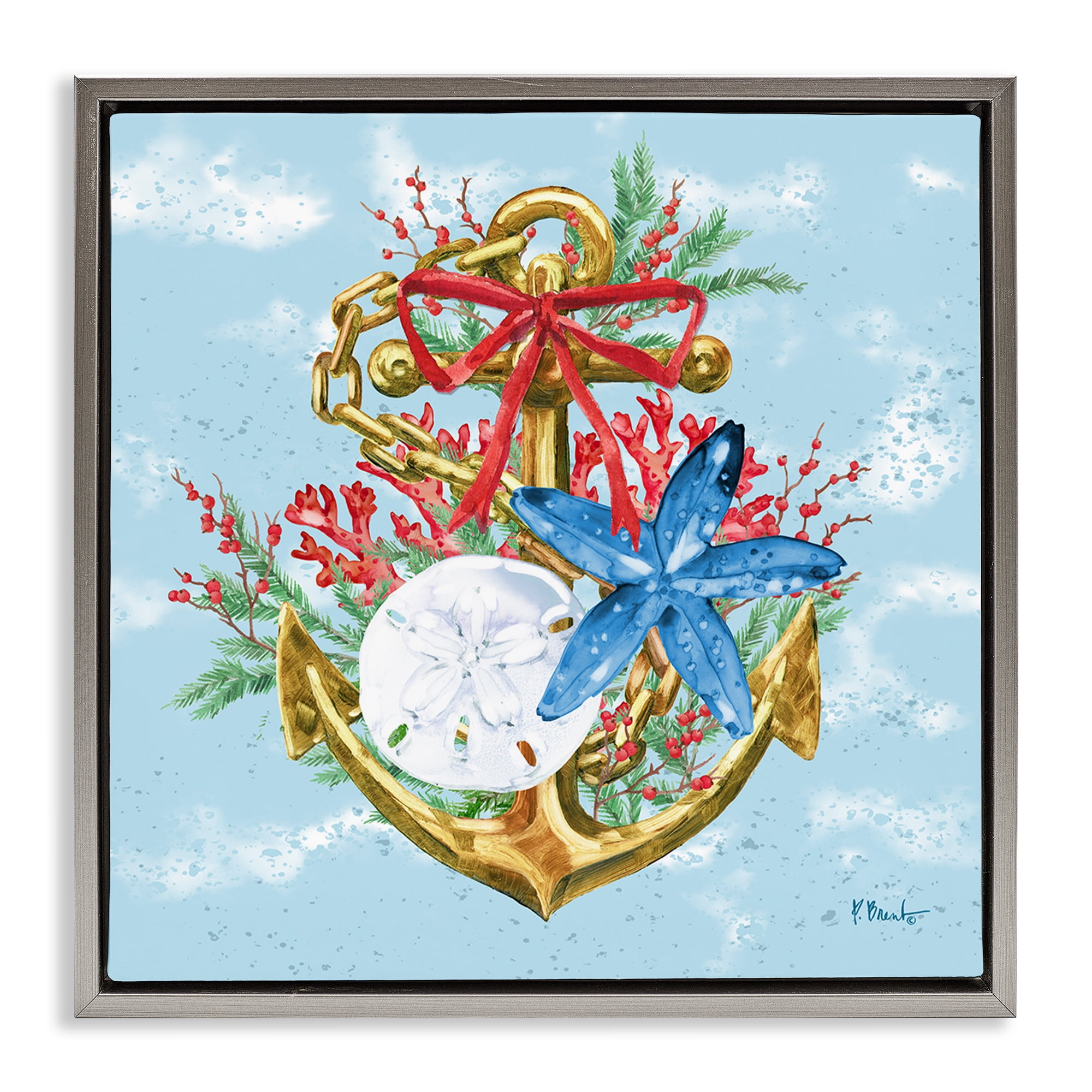 Stupell Industries Holiday Submerged Anchor Holiday Painting Gray Floater Framed Canvas Art Print Wall Art, 18 x 18