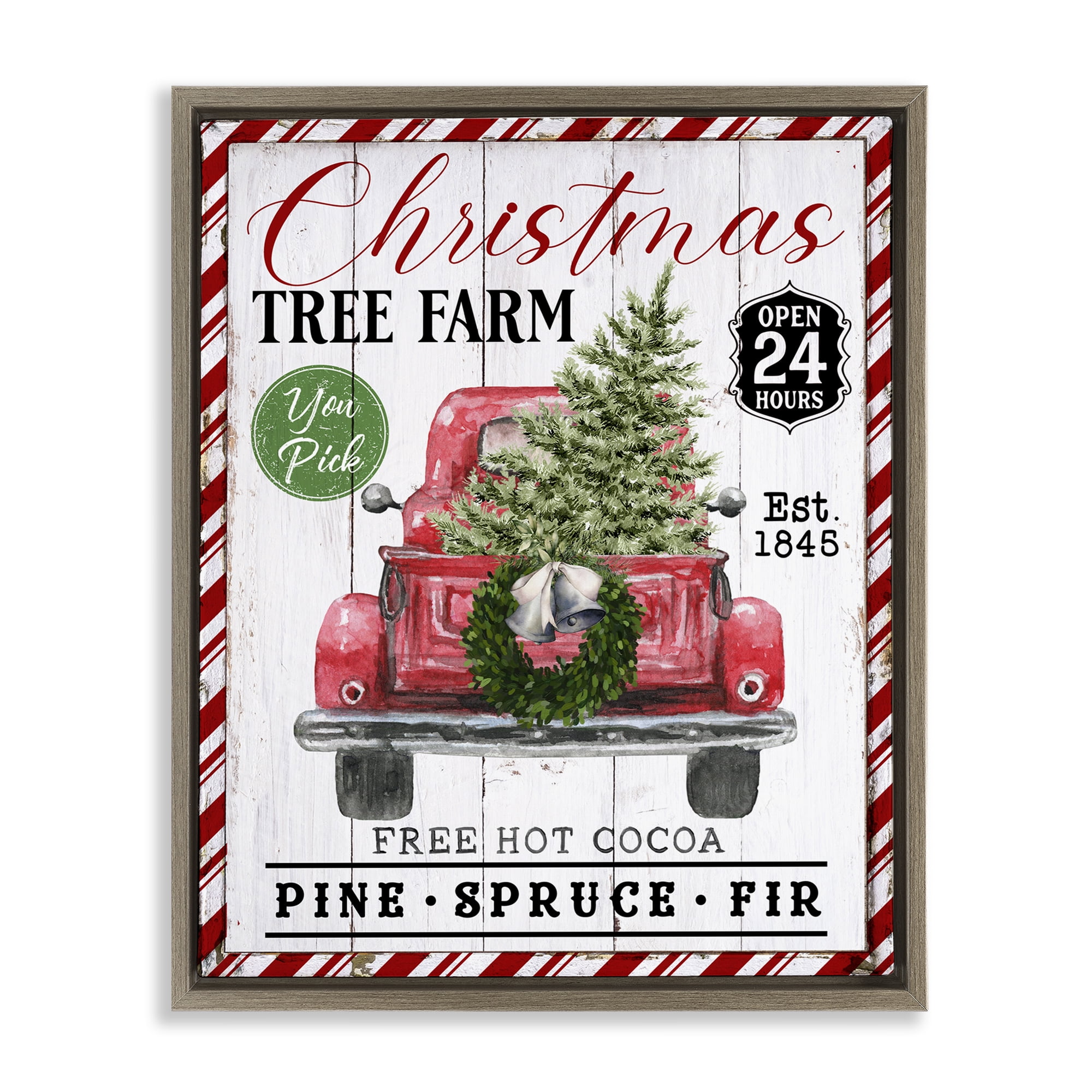 Stupell Industries Holiday Tree Farm Sign Holiday Painting Brown Floater Framed Canvas Art Prints Wall Art, 25 x 31