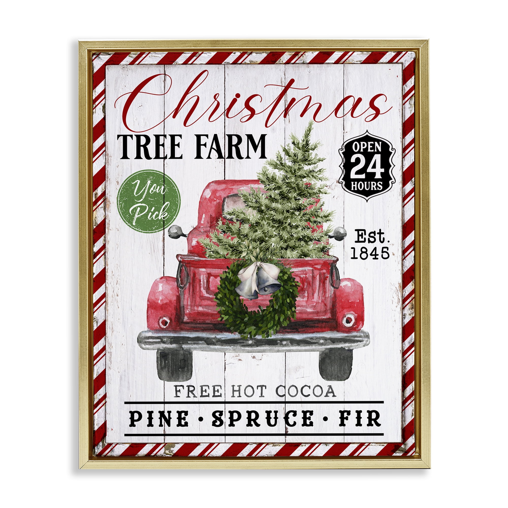 Stupell Industries Holiday Tree Farm Sign Holiday Painting Gold Floater Framed Canvas Art Prints Wall Art, 17 x 21