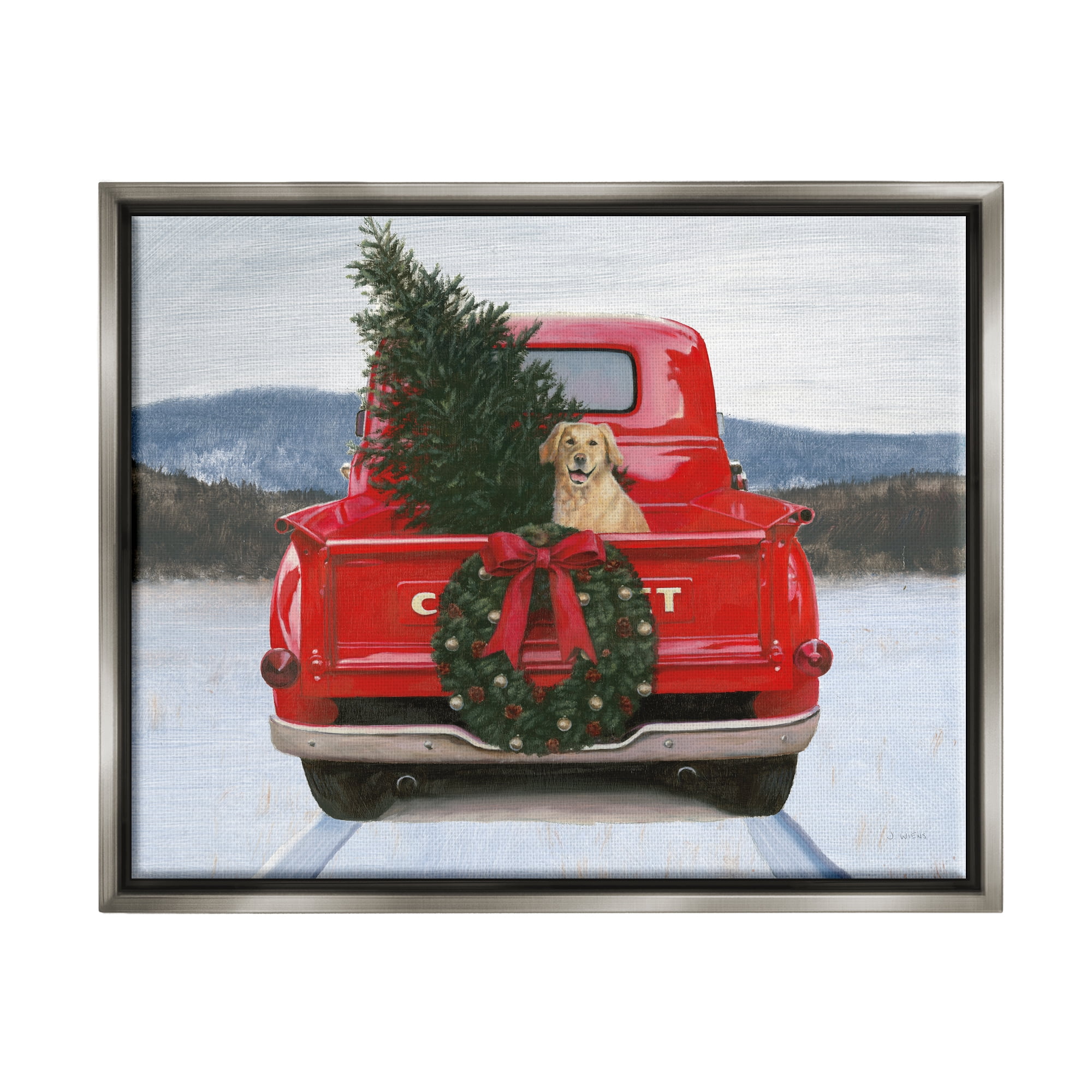 Stupell Industries Holiday Tree in Truck Holiday Painting Gray Floater Framed Art Print Wall Art, 31 x 25