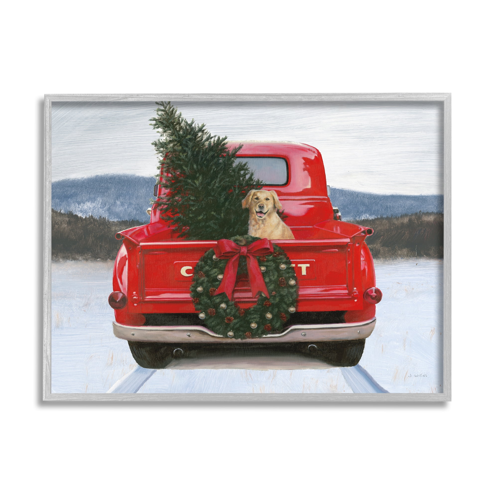 Stupell Industries Holiday Tree in Truck Holiday Painting Gray Framed Art Print Wall Art, 20 x 16