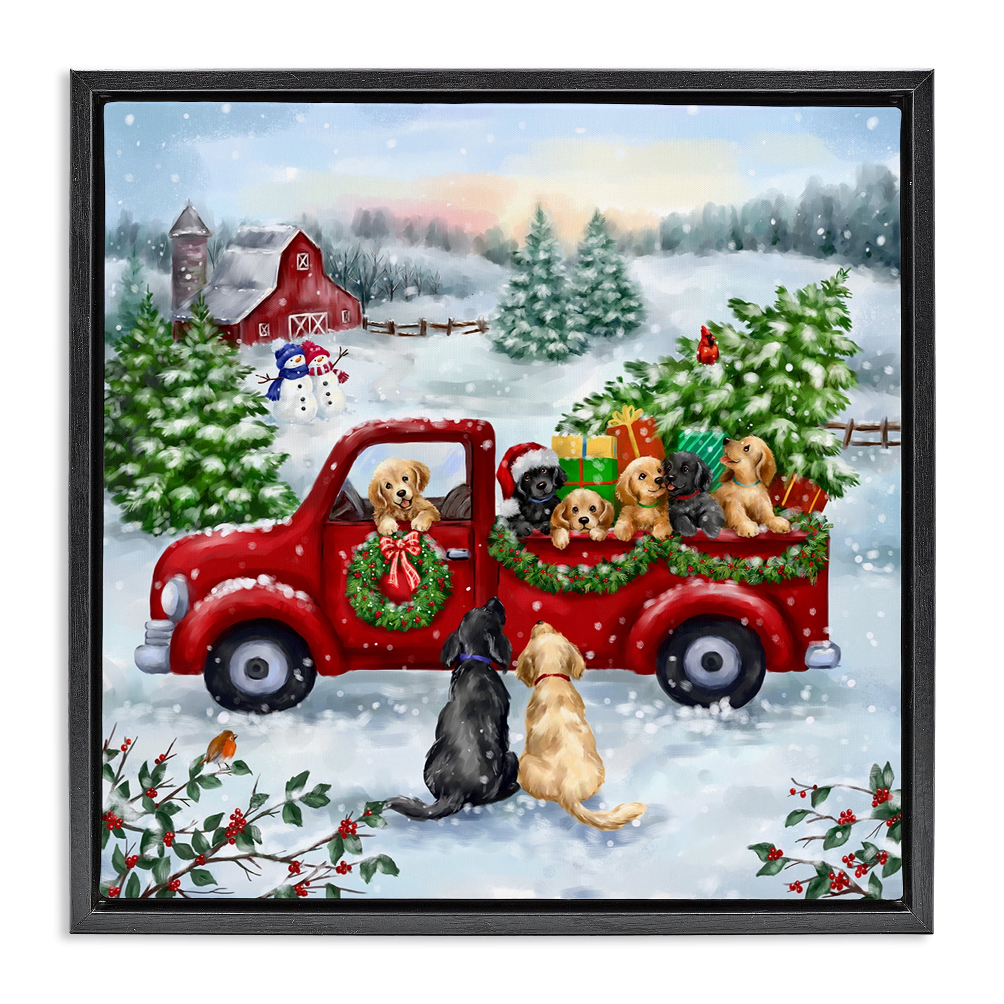Stupell Industries Holiday Truck & Tree Holiday Painting Black Floater Framed Canvas Art Prints Wall Art, 25 x 25