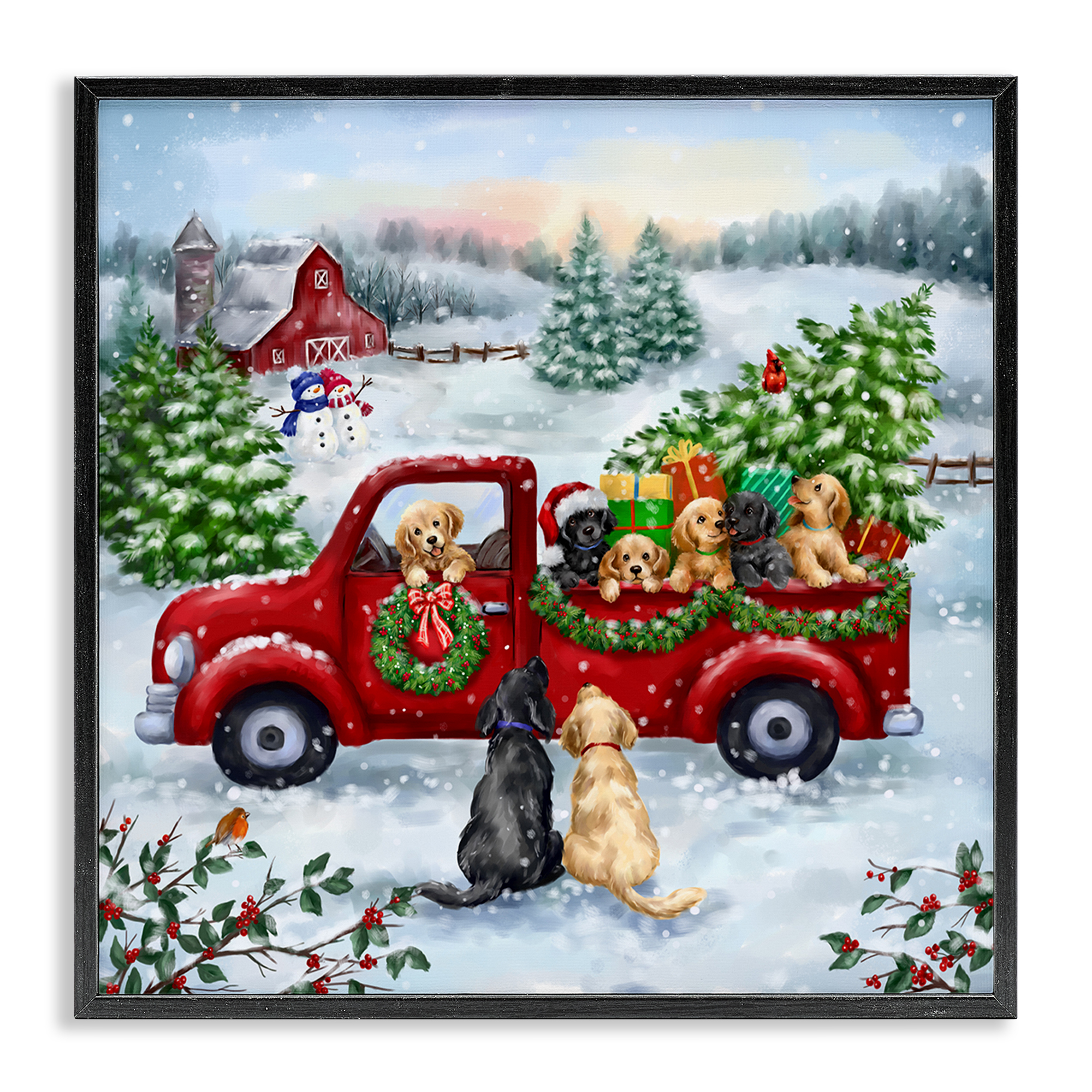 Stupell Industries Holiday Truck & Tree Holiday Painting Black Framed Art Prints Wall Art, 17 x 17