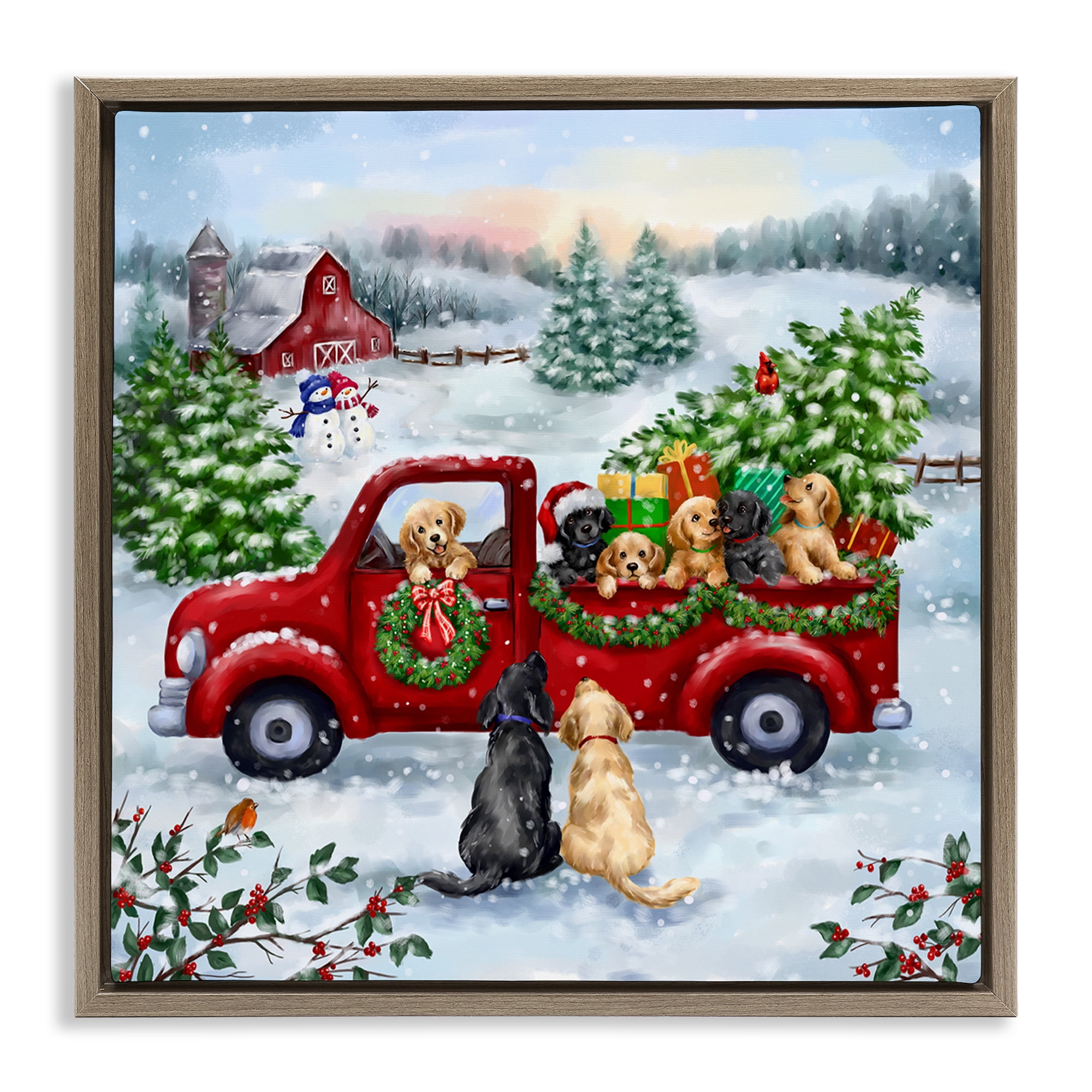 Stupell Industries Holiday Truck & Tree Holiday Painting Brown Floater Framed Canvas Art Prints Wall Art, 25 x 25