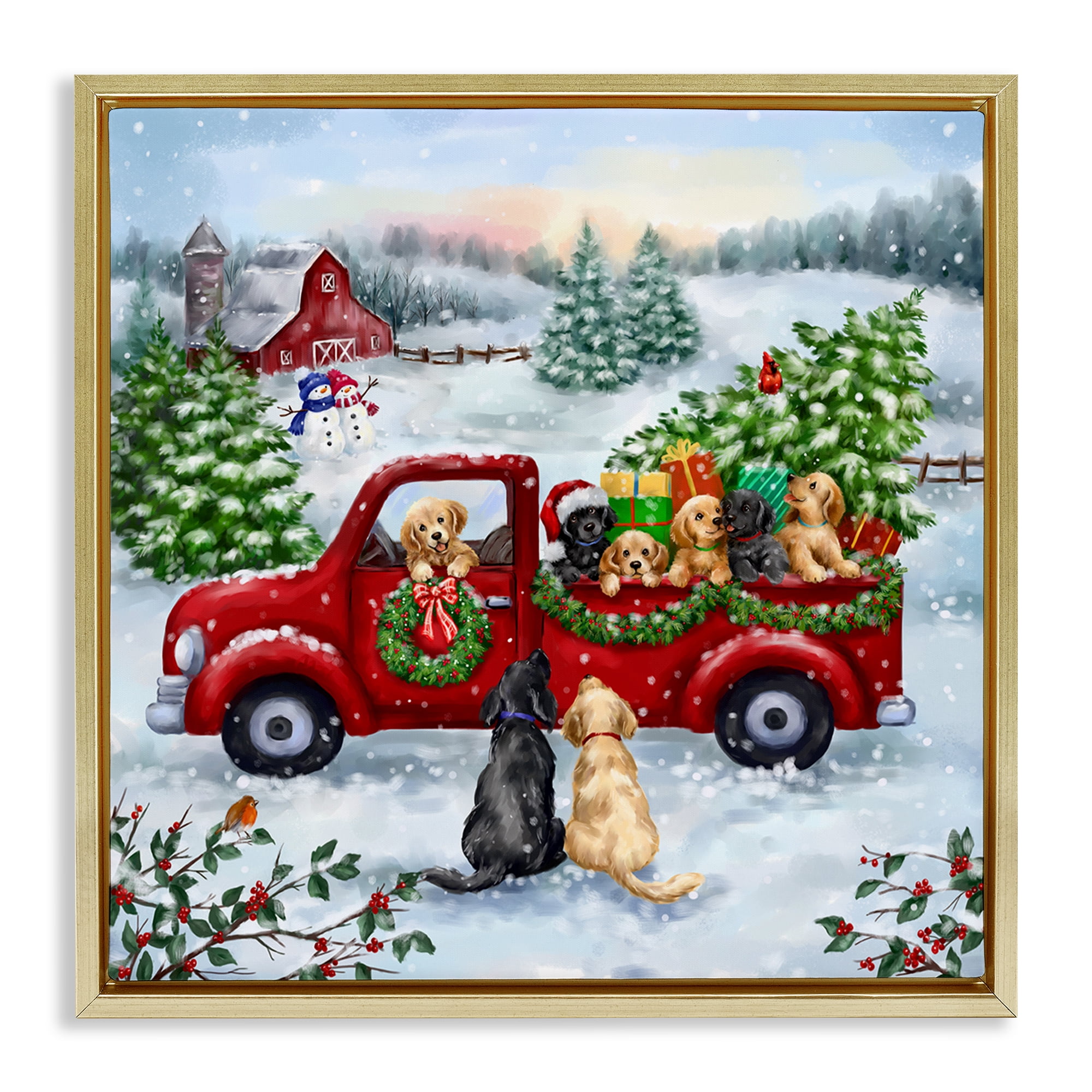 Stupell Industries Holiday Truck & Tree Holiday Painting Gold Floater Framed Canvas Art Prints Wall Art, 18 x 18