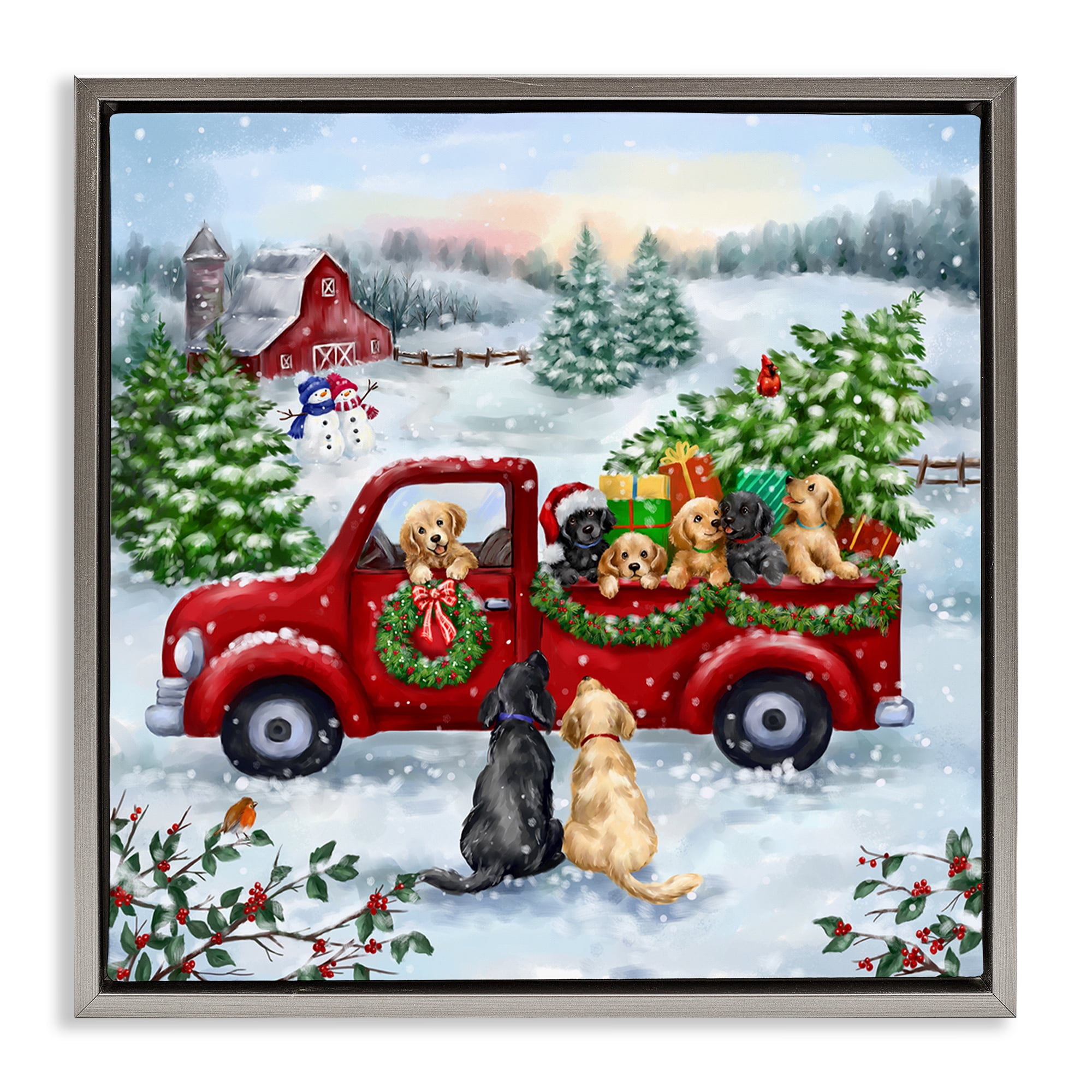 Stupell Industries Holiday Truck & Tree Holiday Painting Gray Floater Framed Canvas Art Prints Wall Art, 25 x 25