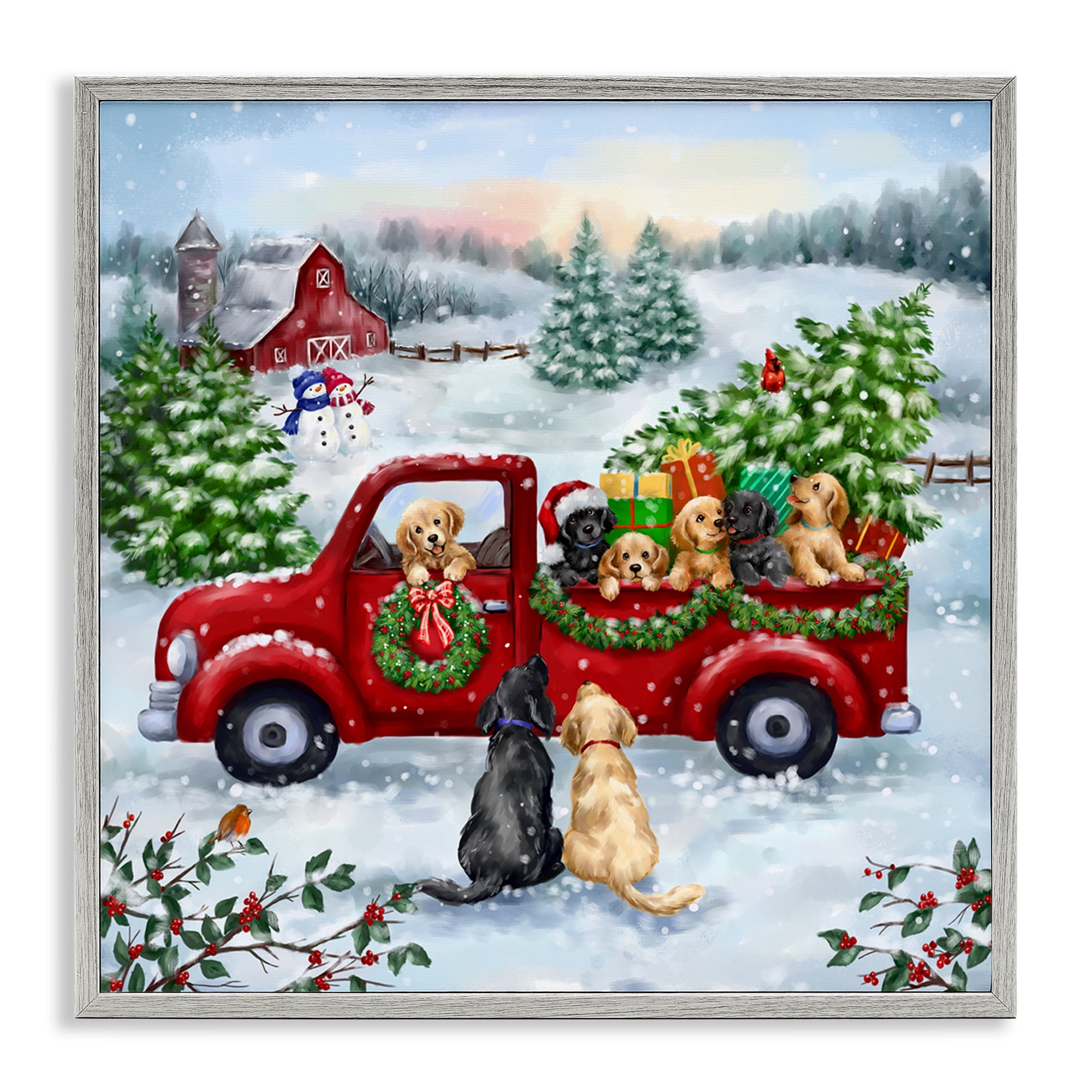Stupell Industries Holiday Truck & Tree Holiday Painting Gray Framed Art Prints Wall Art, 12 x 12