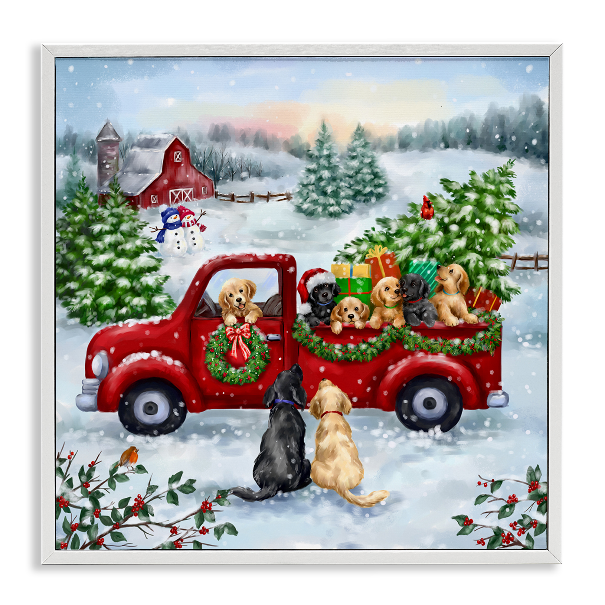 Stupell Industries Holiday Truck & Tree Holiday Painting White Framed Art Prints Wall Art, 12 x 12